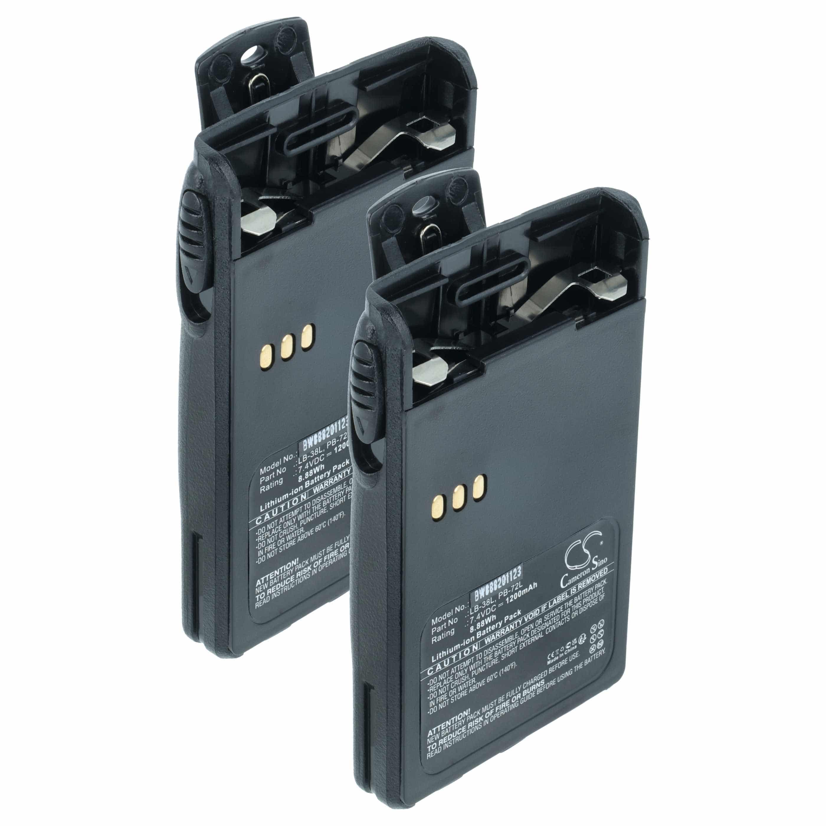 Radio 2x Battery replaces Huntec PB200, LB-62L, PB-72L, LB-38L, PB400 - 1200 mAh 7.4 V Li-Ion + Belt Clip