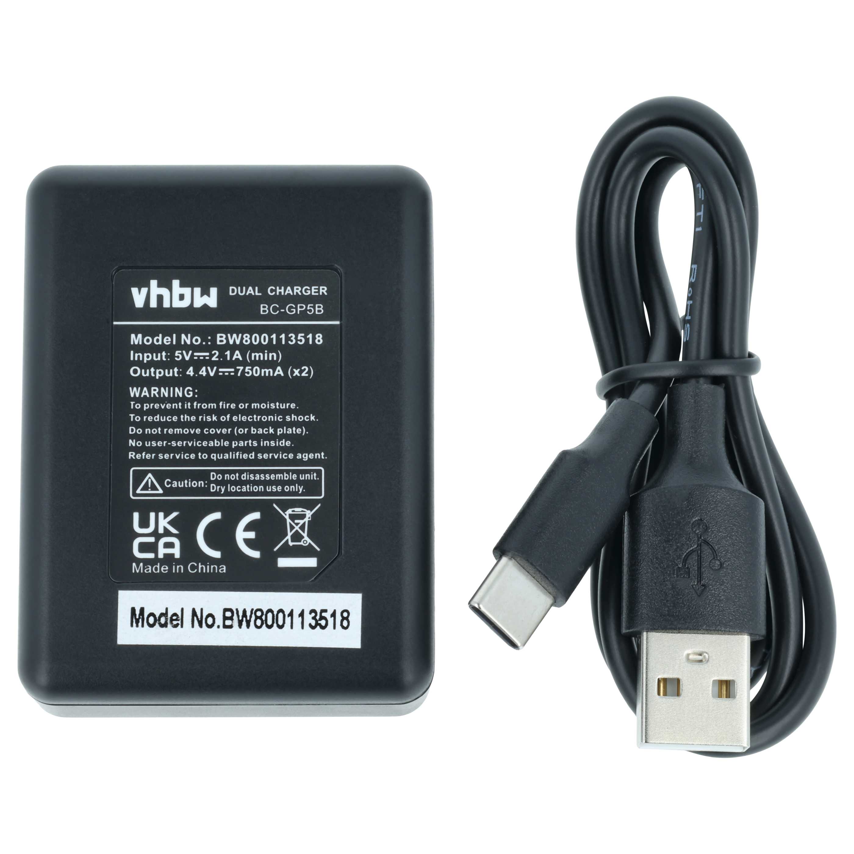 Battery Charger USB-C + Cable USB-C suitable for GoPro, Cameron Sino ASST1 Digital Camera etc. - 0.75 A