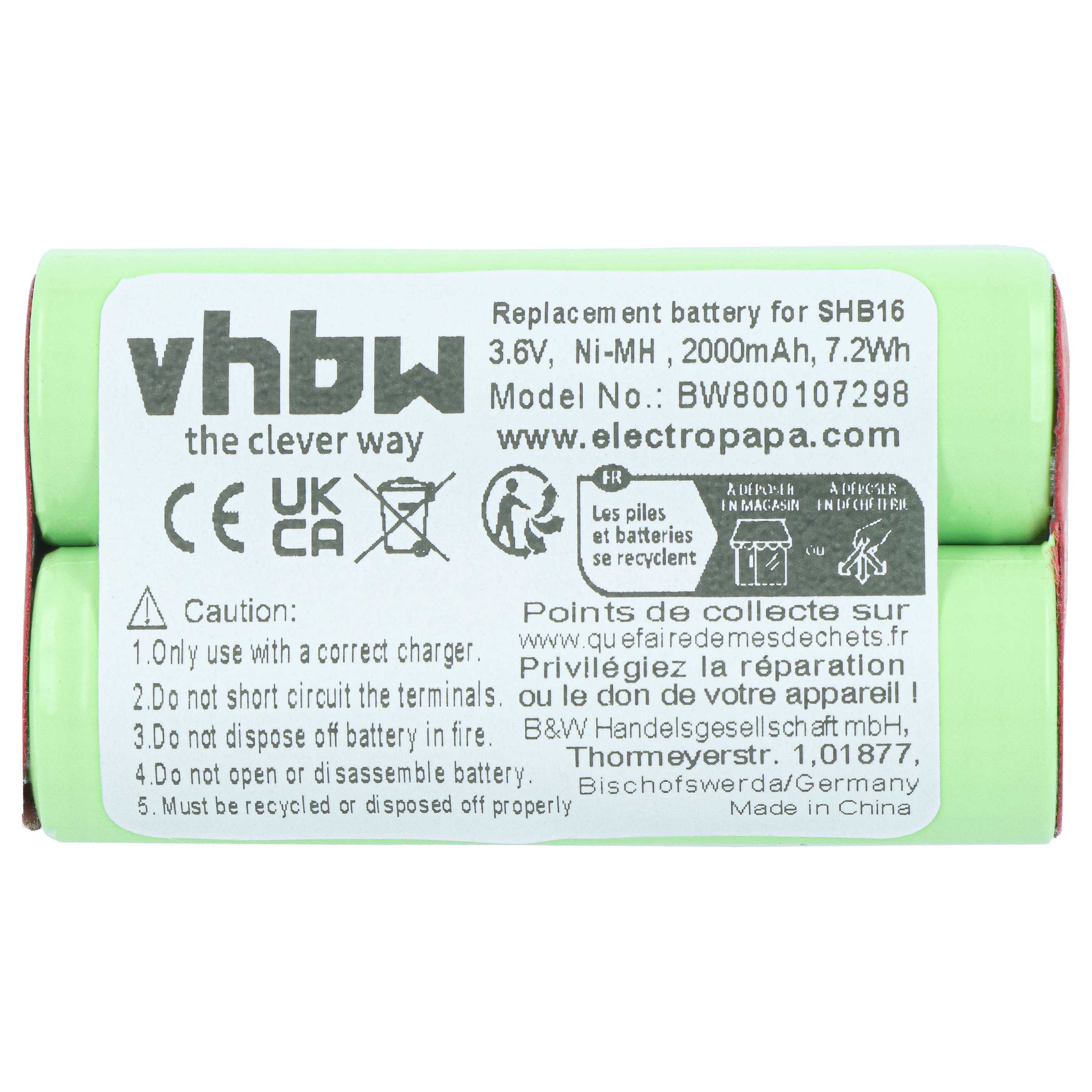 Batterie remplace BaByliss SHB16 pour rasoir électrique BaByliss - 2000mAh 3,6V NiMH