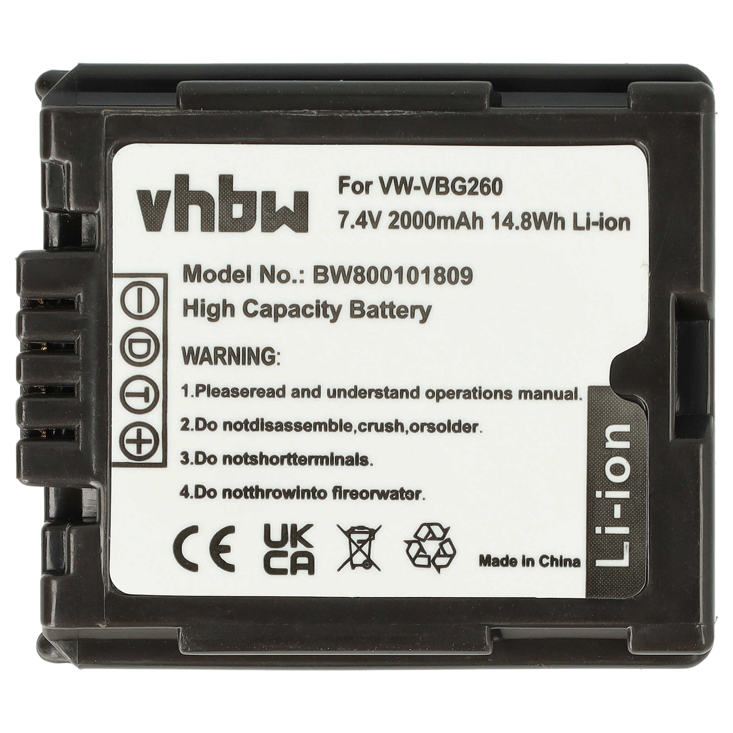 Batterie remplace Panasonic VW-VBG260 pour caméscope - 2000mAh 7,2V Li-ion avec puce