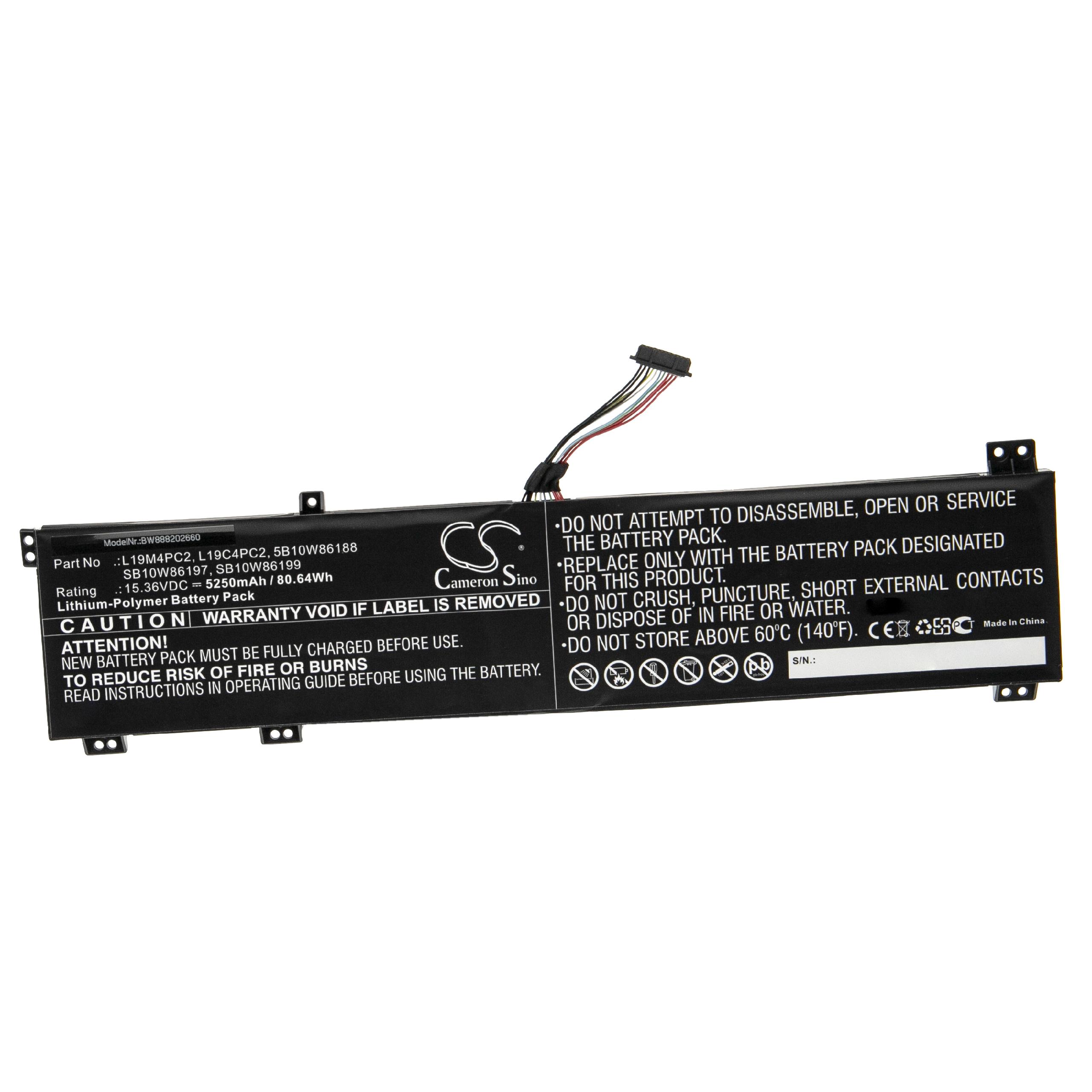 Batterie remplace Lenovo L19C4PC1, 5B10W86188, L19C4PC2 pour ordinateur portable - 5250mAh 15,36V Li-polymère