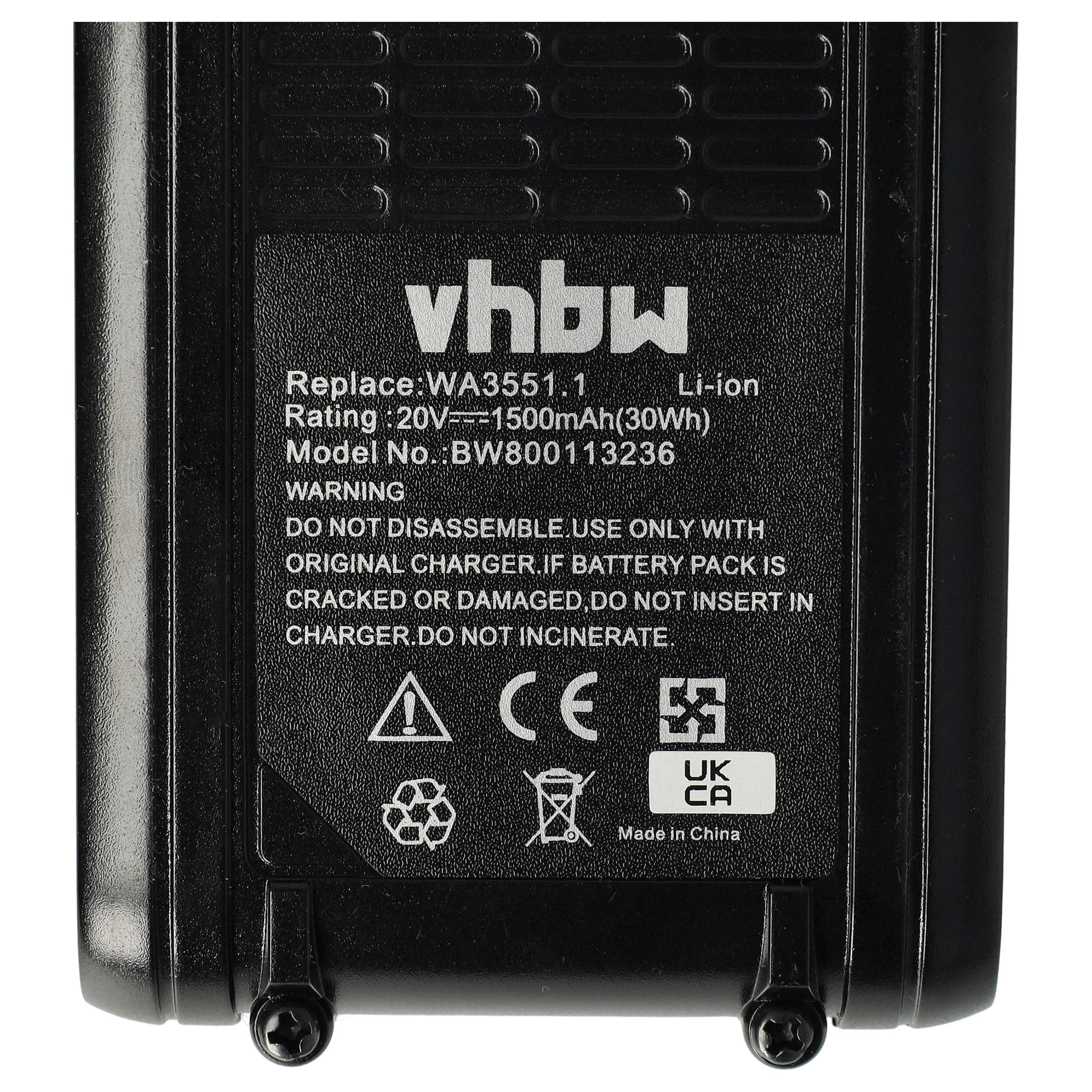 Battery replaces Rockwell RW9351.1 Electric Power Tool - 1500 mAh, 20 V, Li-Ion