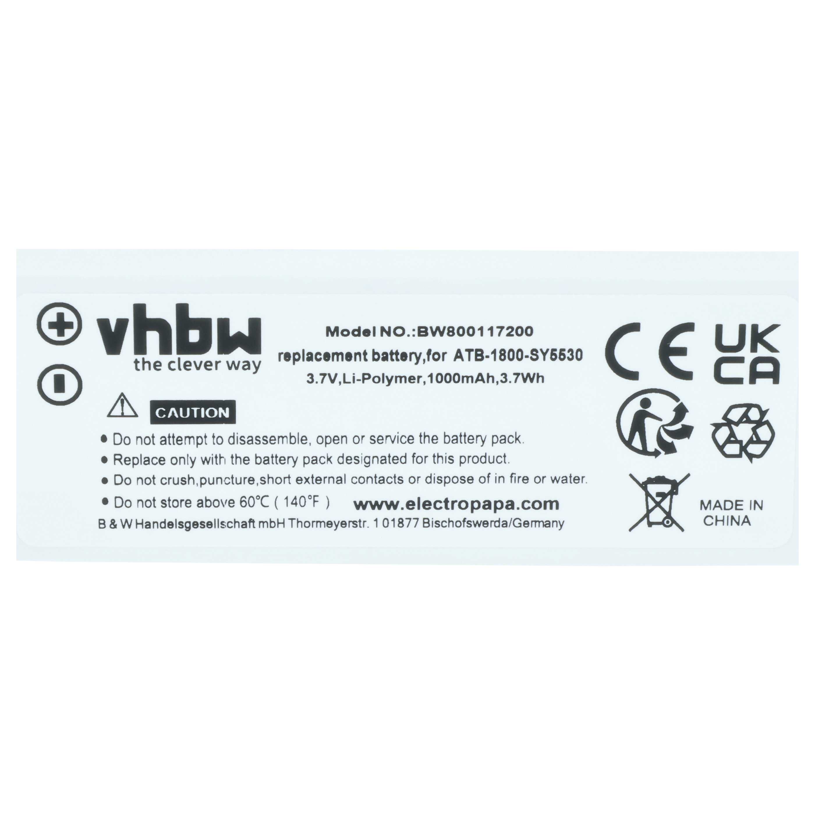 Batteria per telecomando remote controller sostituisce RTI ATB-1800-SY5530 - 1000mAh 3,7V Li-Poly