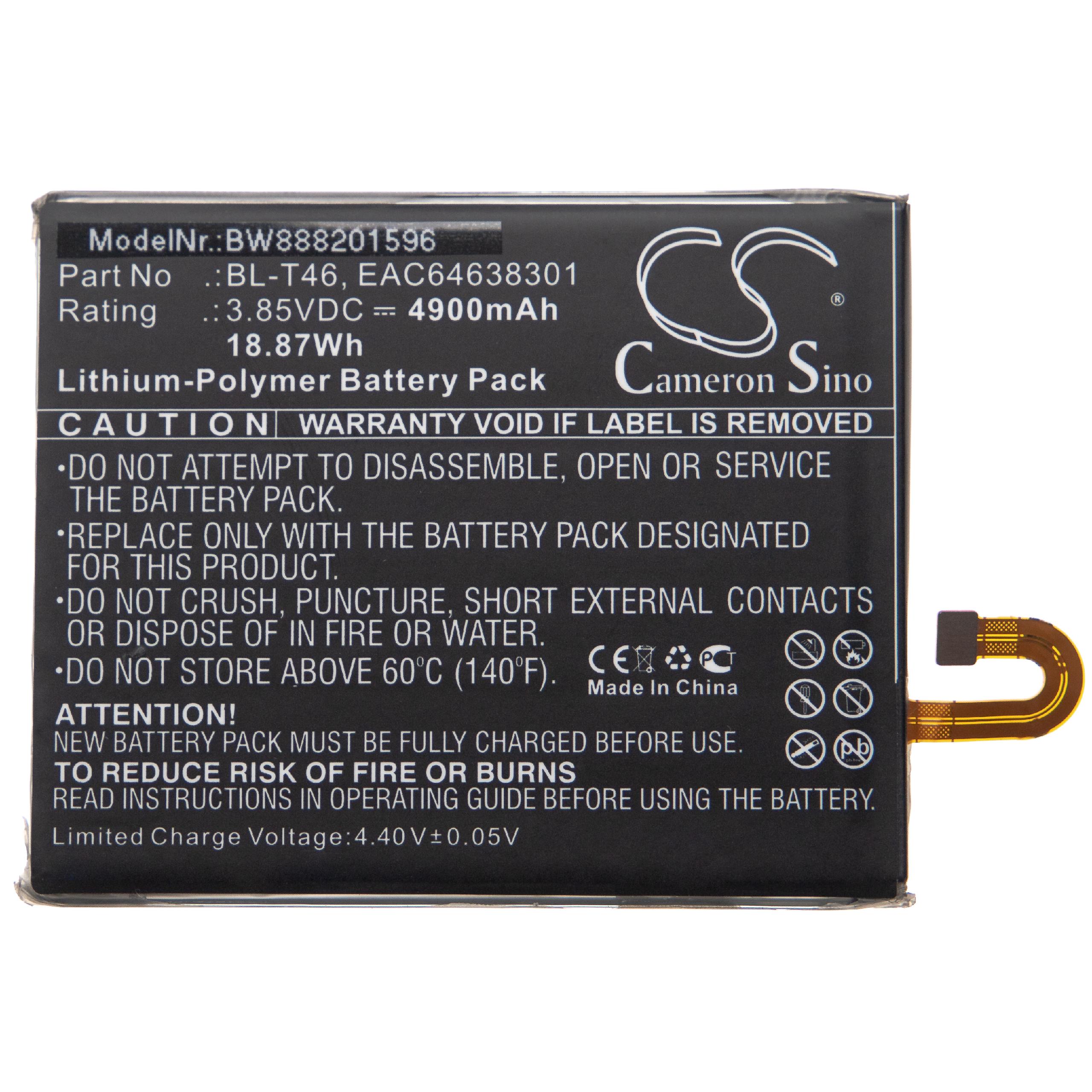 Batterie remplace LG BL-T46, EAC64638301 pour téléphone portable - 4900mAh, 3,85V, Li-polymère