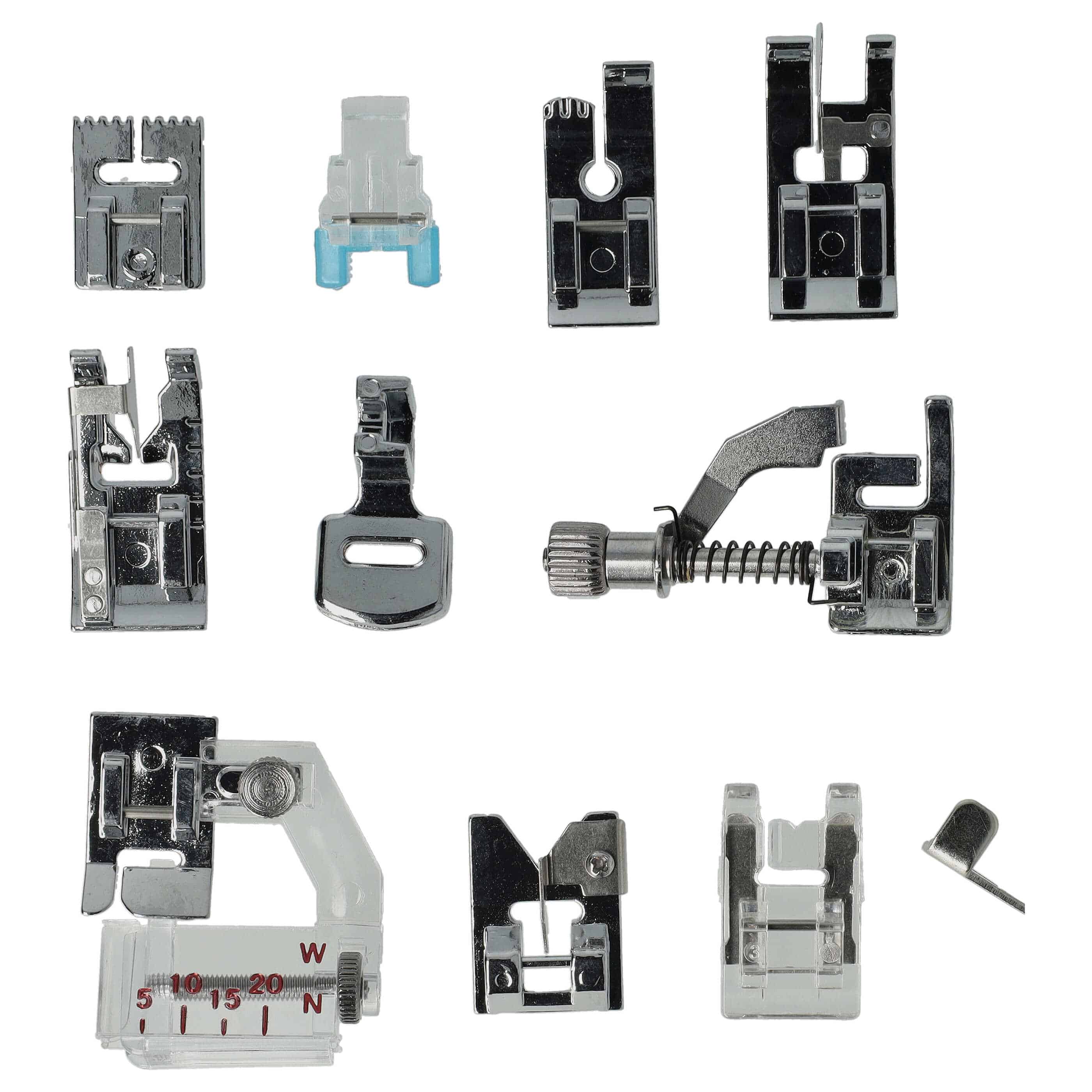 vhbw Set de 15 prensatelas para máquinas de coser comunes con eje de pie bajo - Pies universales + caja de plá