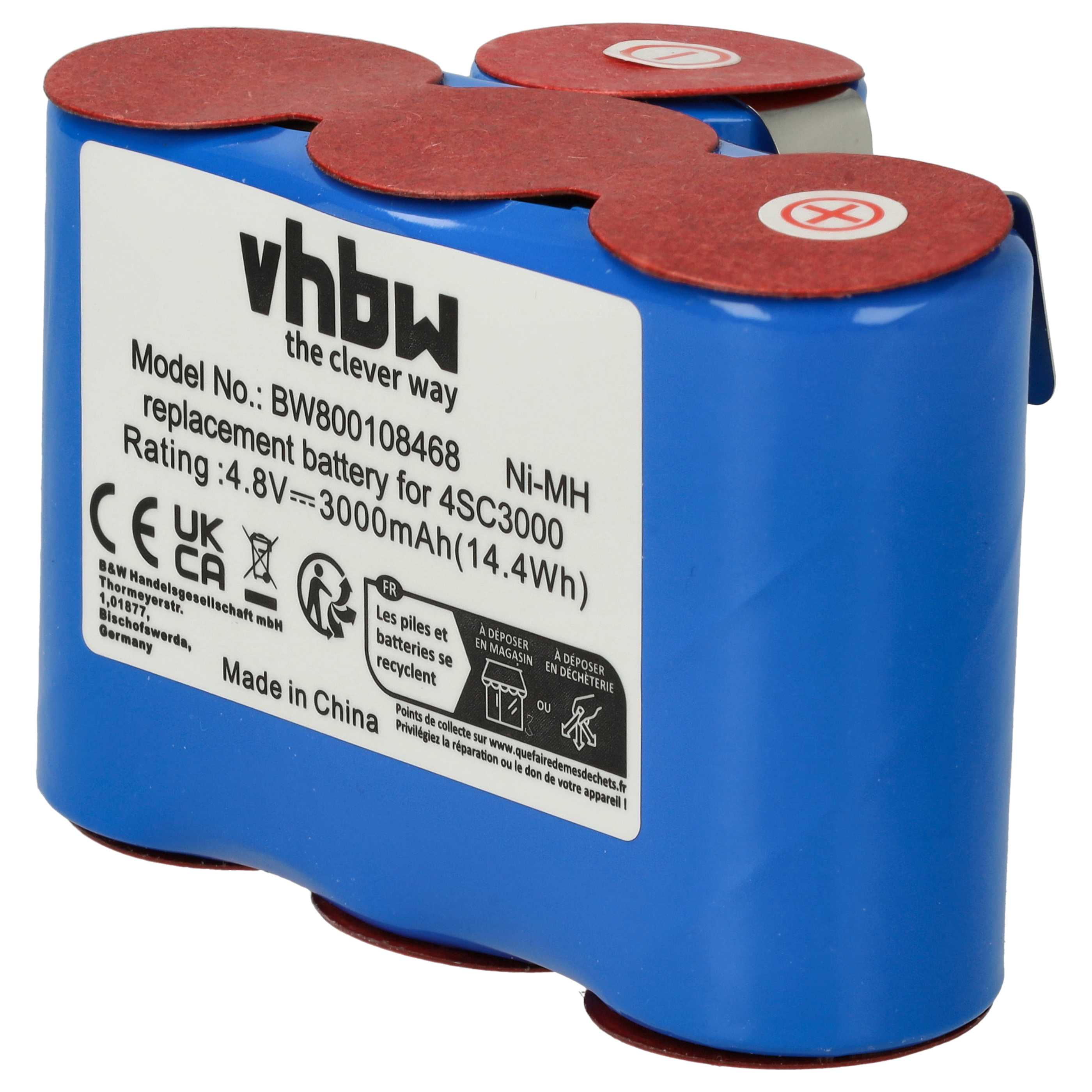 Battery replaces Vileda 4SC3000 for Vileda 3000mAh, 4.8V, NiMH
