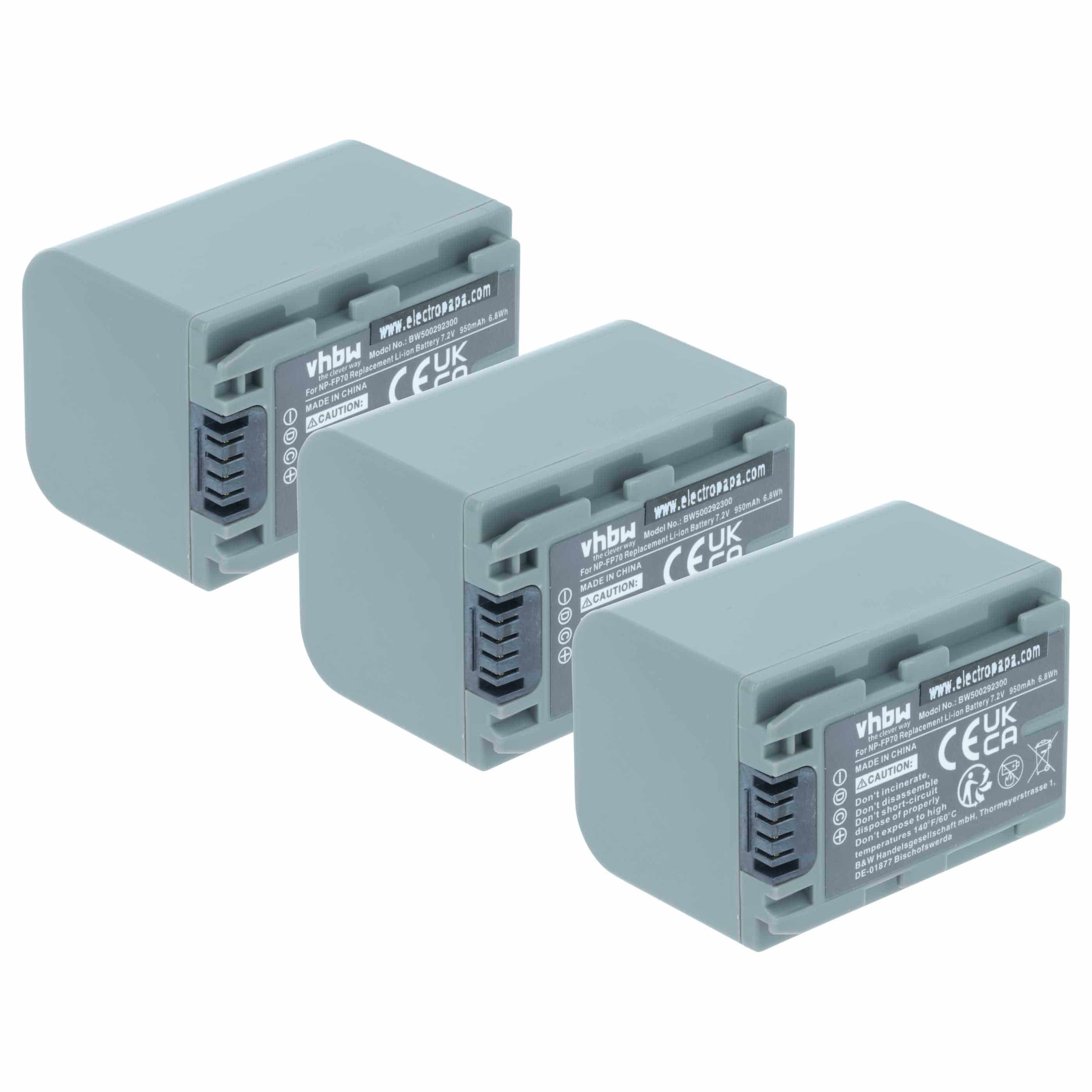 Videocamera 3x Battery replaces Sony NP-FP60, NP-FP51, NP-FP50, NP-FP30, NP-FP70 - 950 mAh 7.2 V Li-Ion