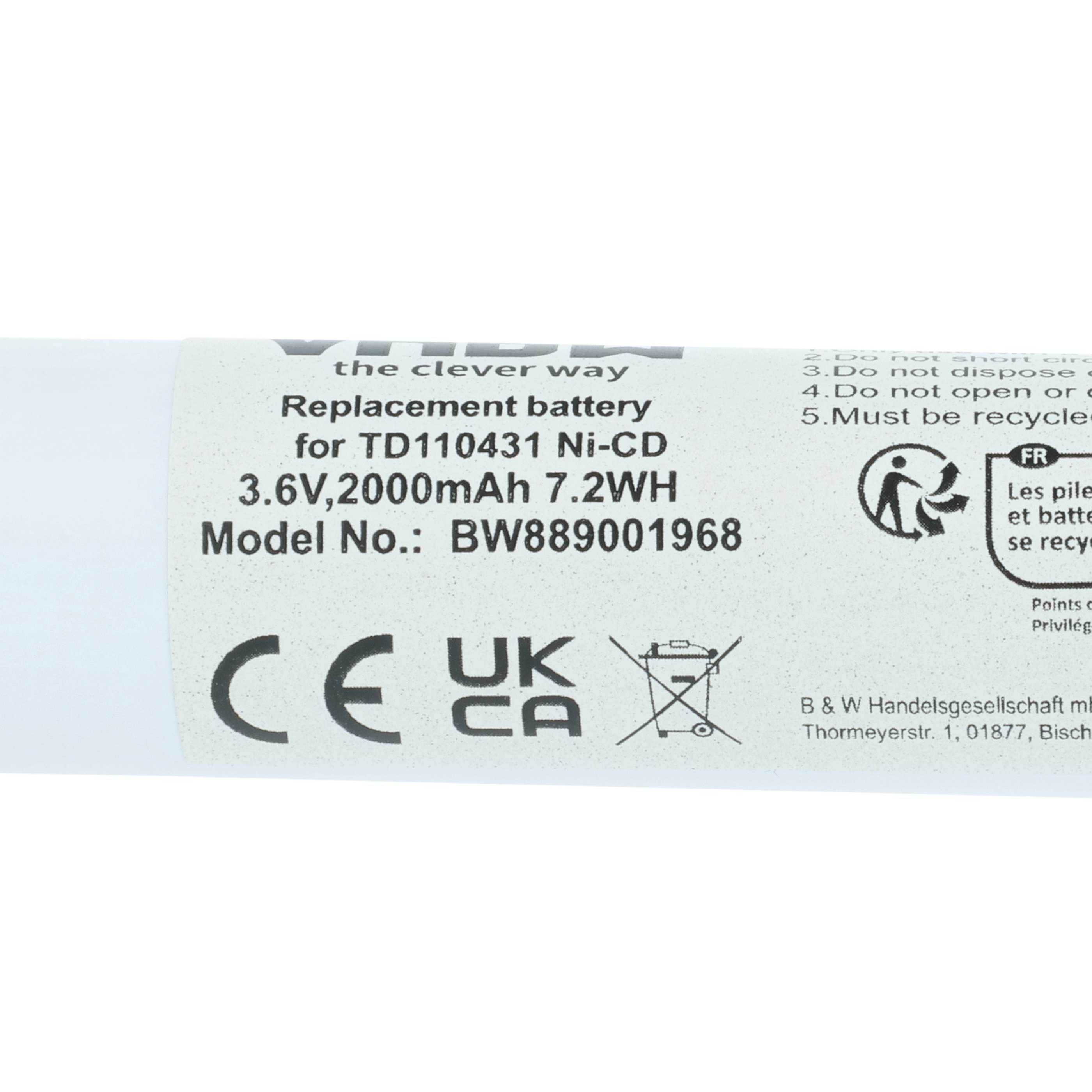 Fluchtweg-Akku (2 Stück) als Ersatz für Schneider OVA TD110431 für Schneider - 2000mAh 3,6V NiCd