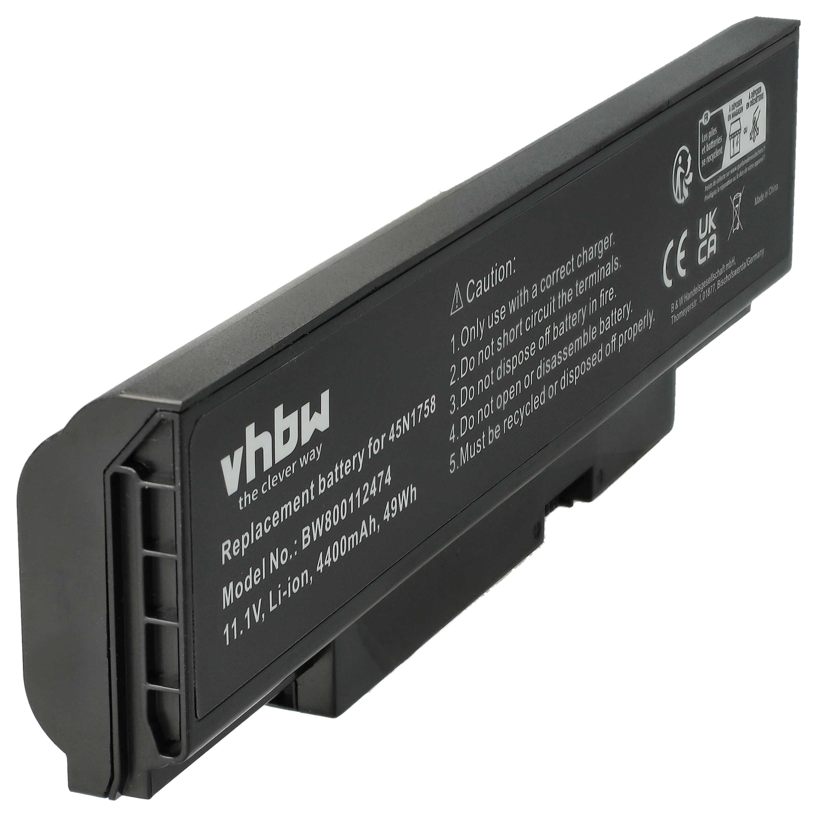 Notebook-Akku als Ersatz für Lenovo 45N1761, 45N1760, 45N1759, 45N1758 - 4400mAh 10,8V Li-Ion, schwarz