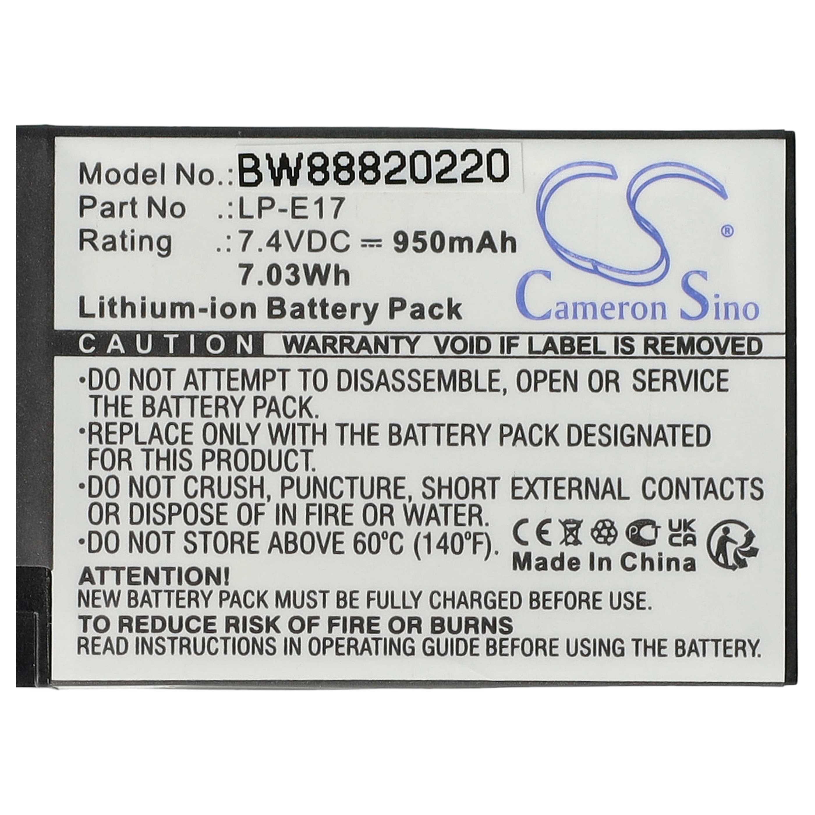 2x Battery replaces Canon LP-E17 - 950mAh, 7.2V, Li-Ion