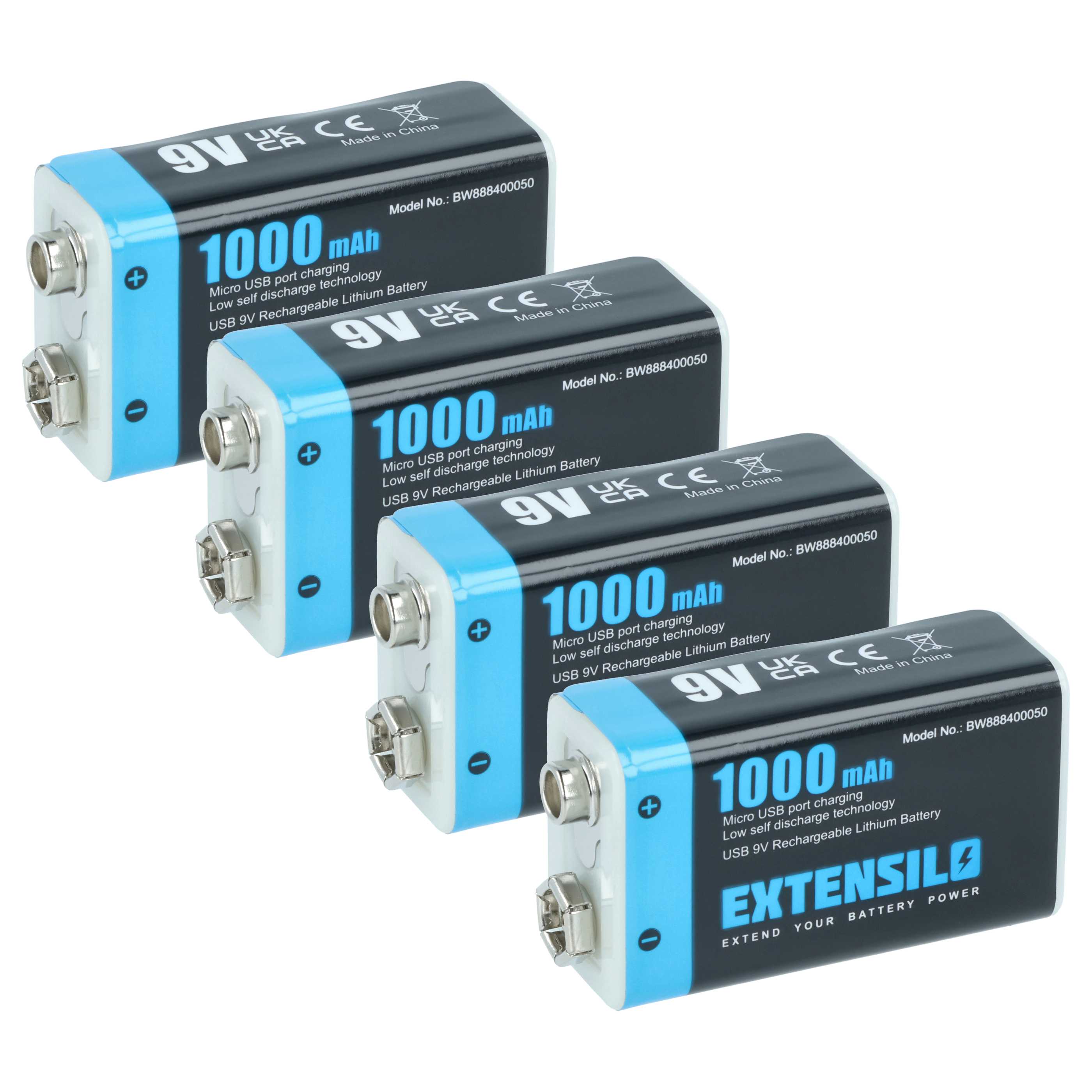 9V Akku (4 Stück) als Ersatz für Daitem BATV13 - 1 Ah 9V Li-Ion mit Micro USB Buchse - universell einsetzbar