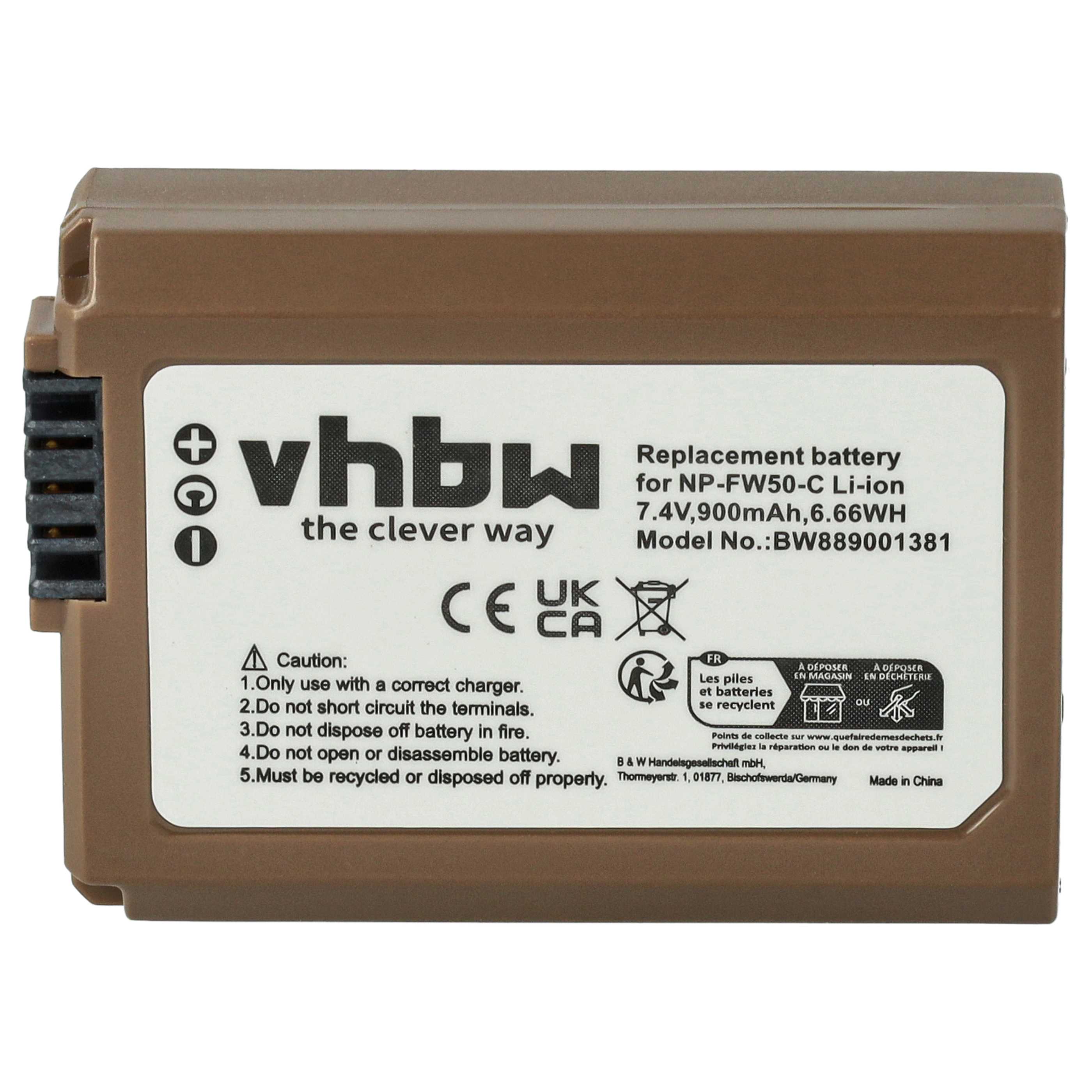 Batterie remplace Sony NP-FW50 pour appareil photo - 900mAh 7,4V Li-ion - USB-C