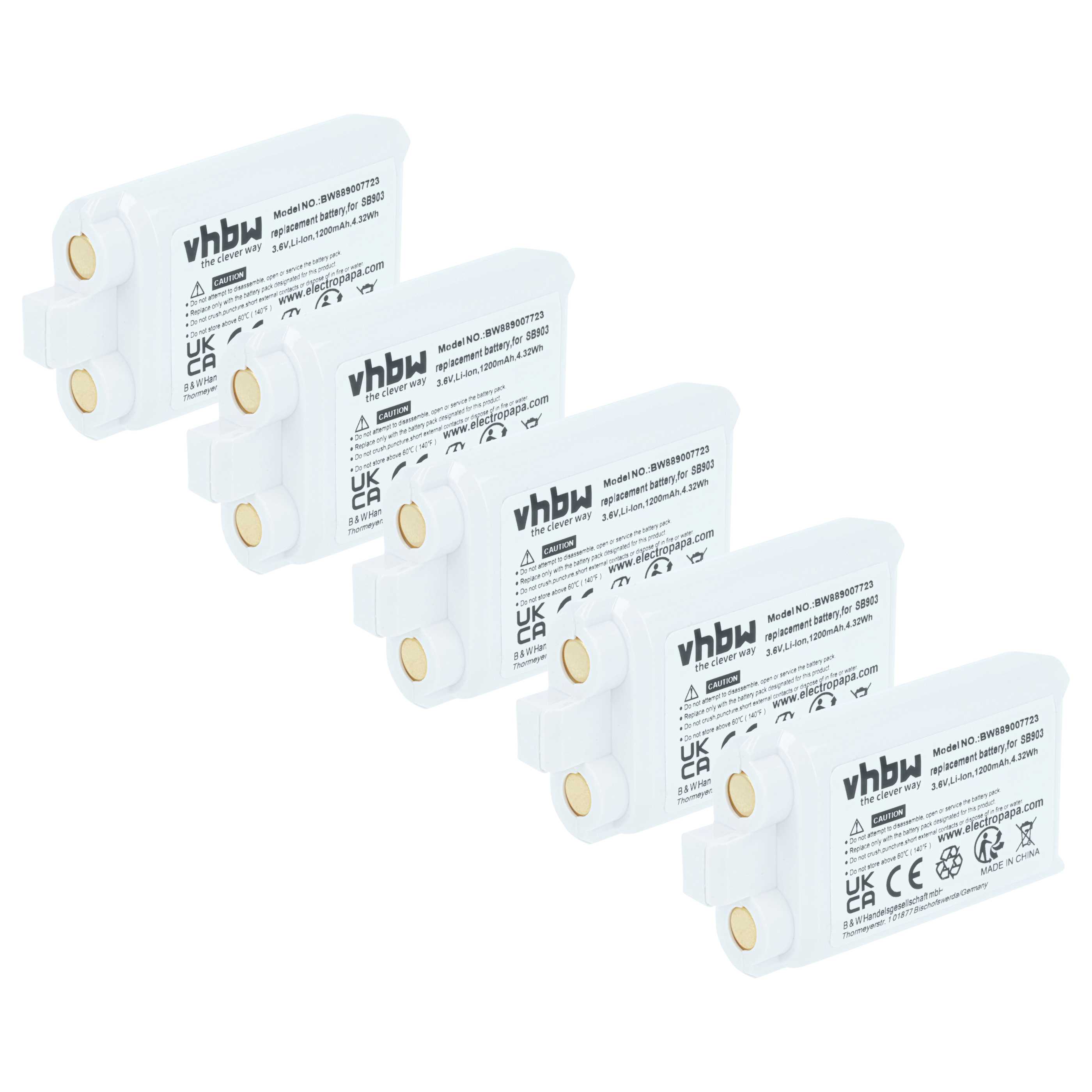 Wireless System 5x Battery replaces Shure SB903 - 1200 mAh 3.7 V Li-Ion