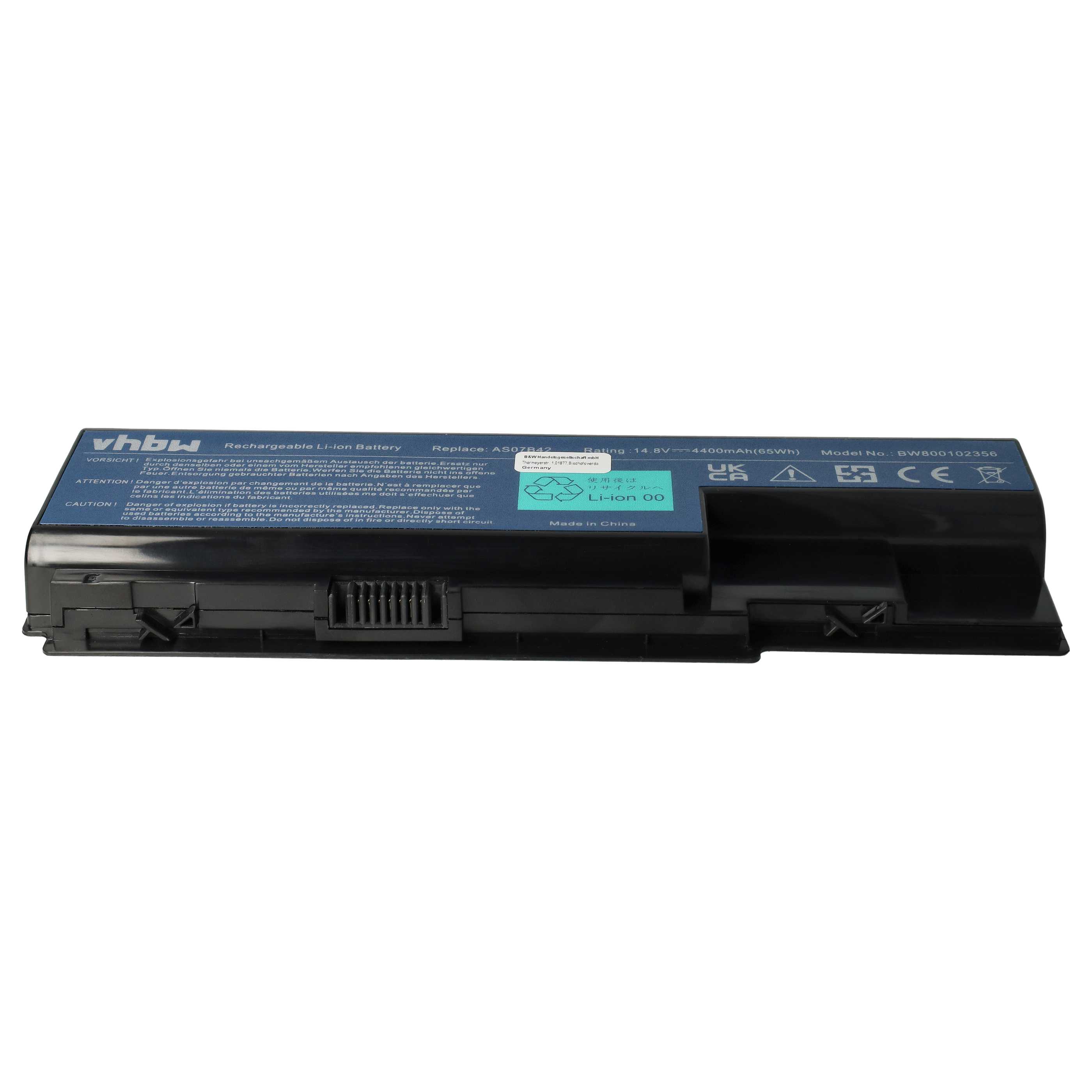 Notebook Battery Replacement for Acer 01AS-2007B, AS07B32, AK.006BT.019 - 4400 mAh 14.8 V Li-Ion, black