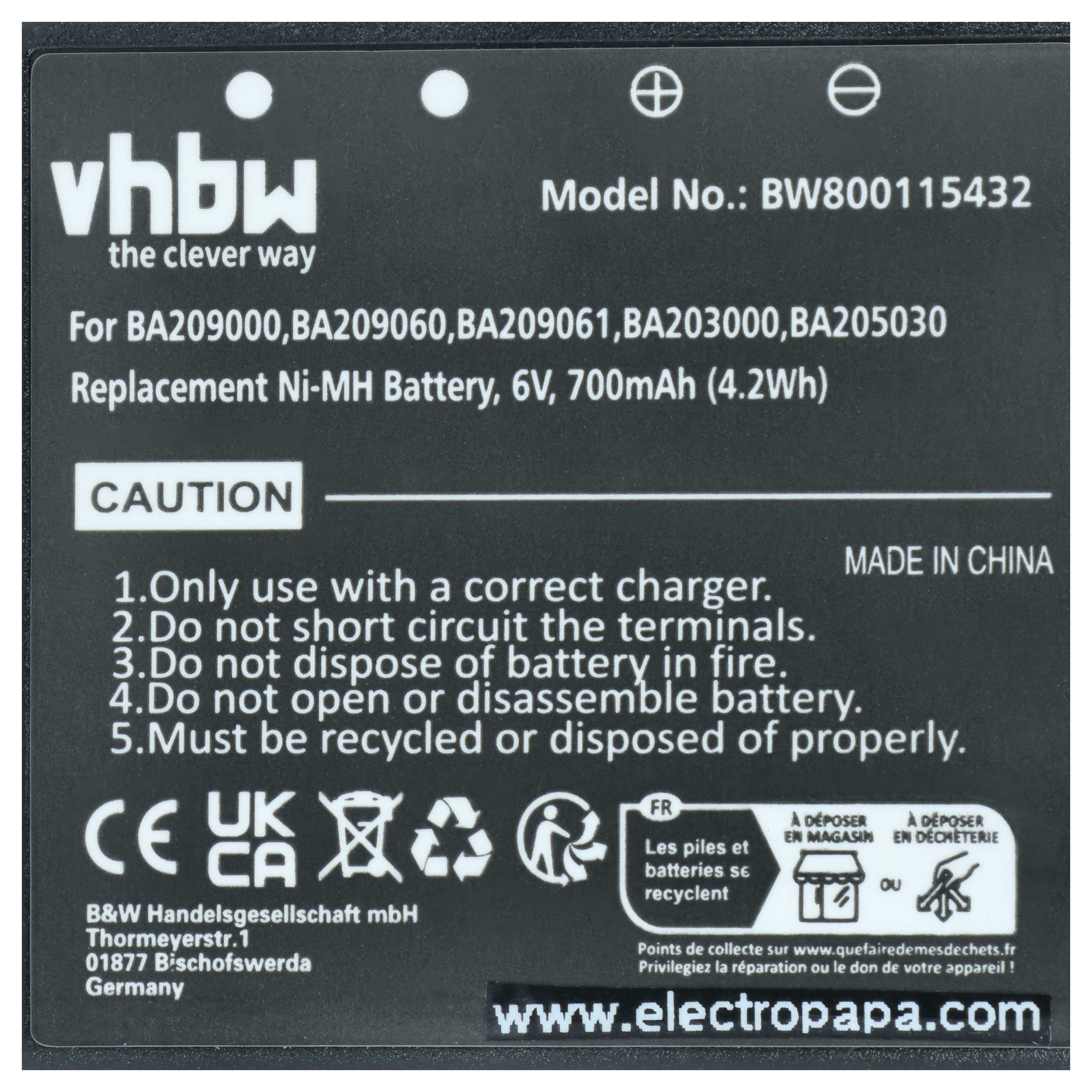 Batterie (10 pièces) remplace HBC BA206000, BA209000, BA203000, BA205030, 005-01-00615 - 700mAh 6V NiMH