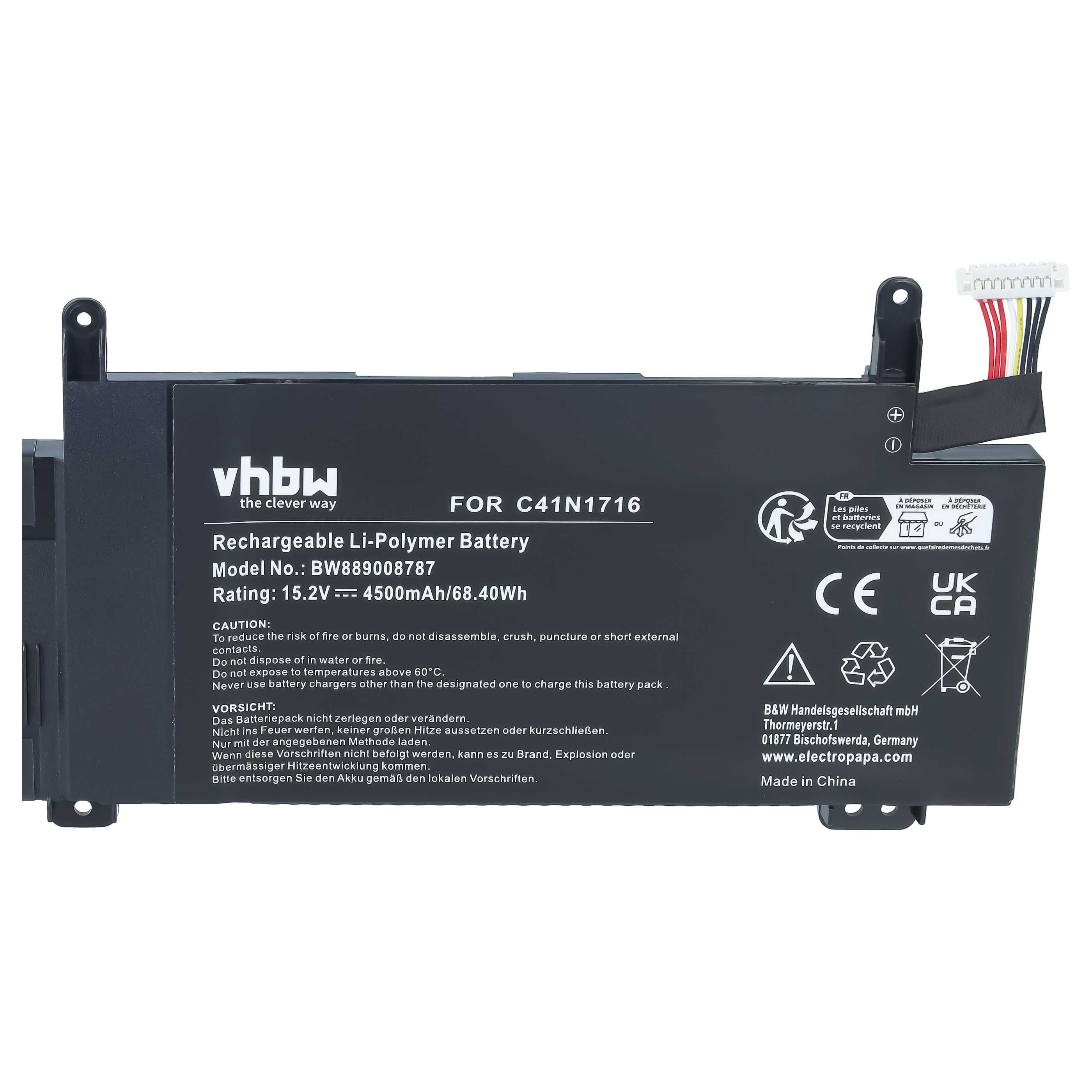 Notebook-Akku als Ersatz für Asus 0B200-02770000, C41N1716, C41PQPH für Asus - 4500mAh 15,2V Li-Polymer