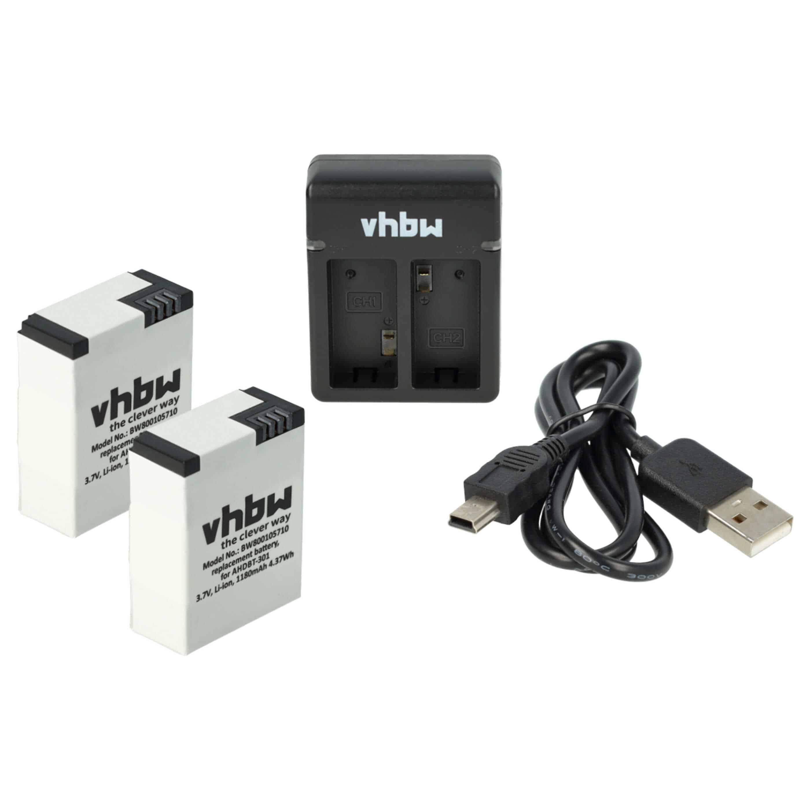 vhbw set di accessori di ricarica compatibile con GoPro / Hero 3 action camera - 2x batteria + caricatore dopp