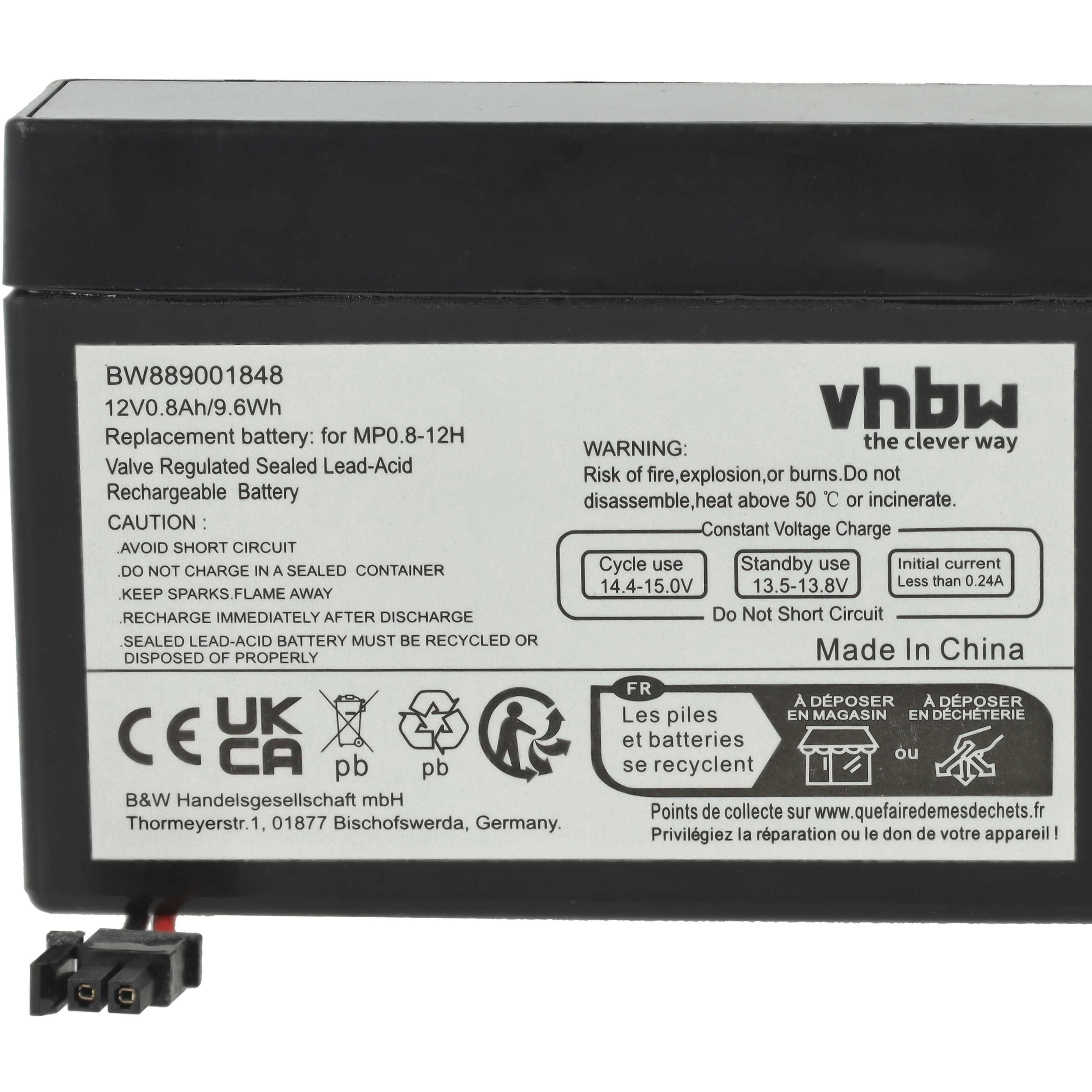 2x Batteria sostituisce MP0.8-12H - 800mAh 12V AGM, connettore AMP