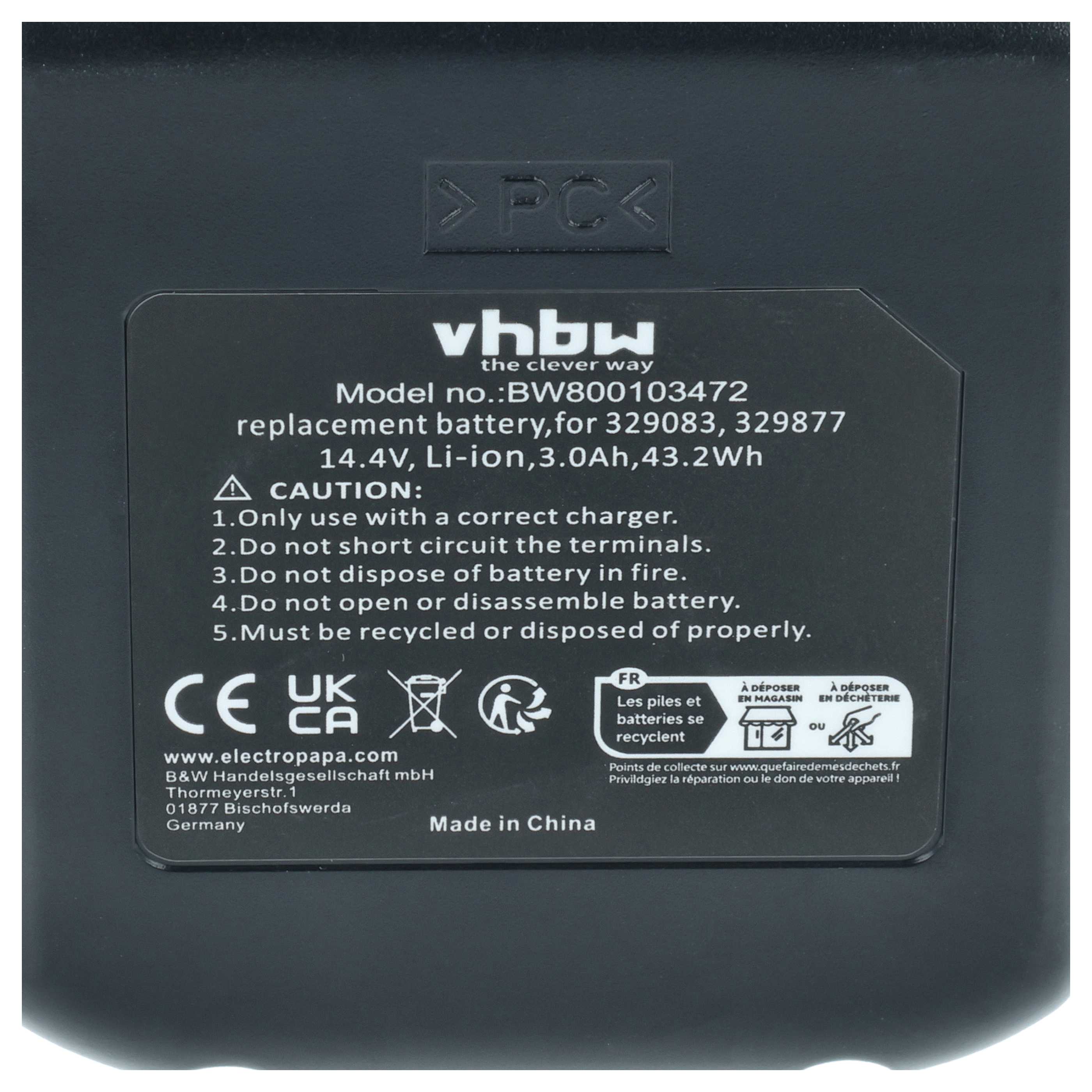 Battery replaces Hitachi Hikoki 329877, 329083, 329901 Electric Power Tool - 3000 mAh, 14.4 V, Li-Ion