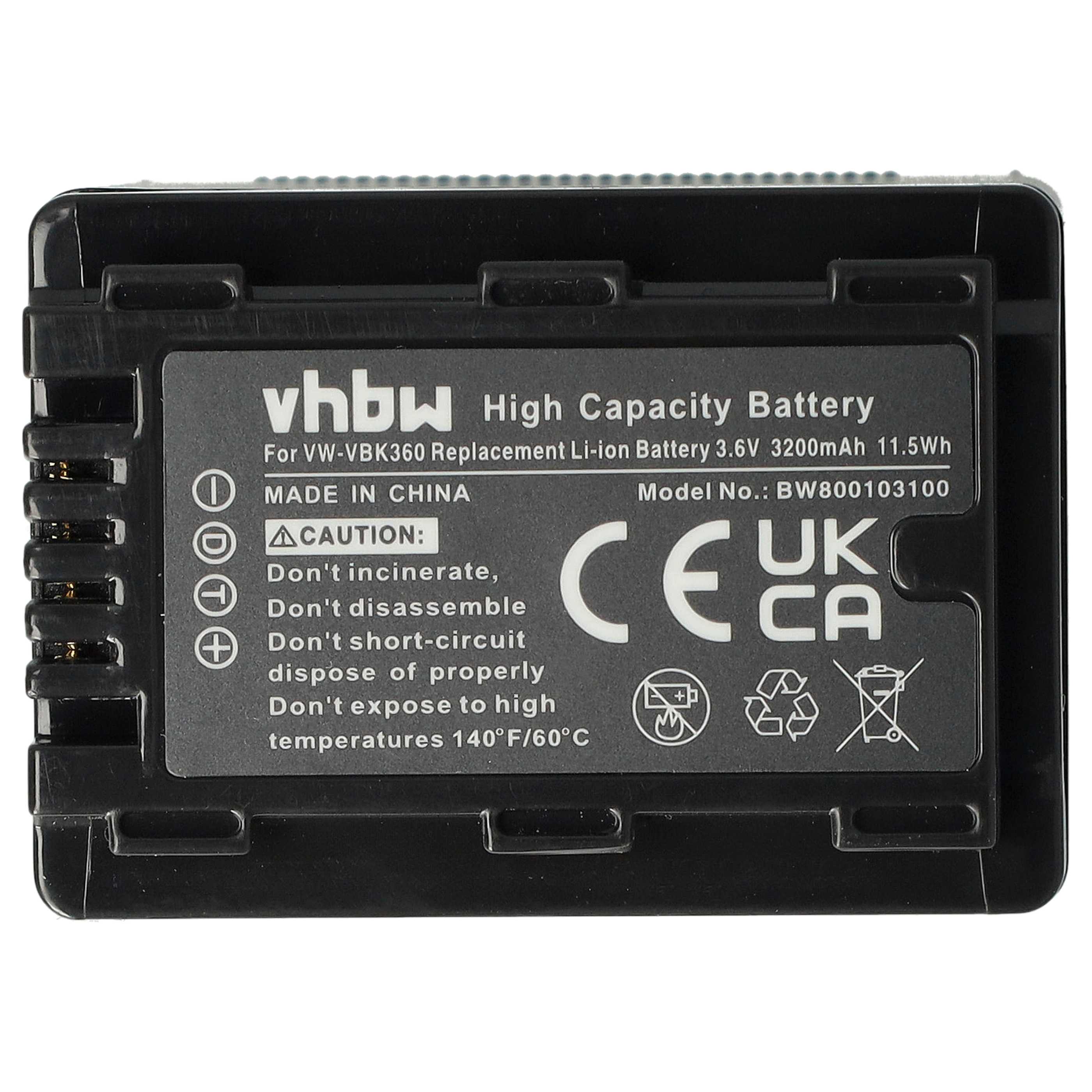 Videocamera Battery replaces Panasonic VW-VBK360, VW-VBK180, VW-VBK180-K, VW-VBK360-K - 3200 mAh 3.6 V Li-Ion