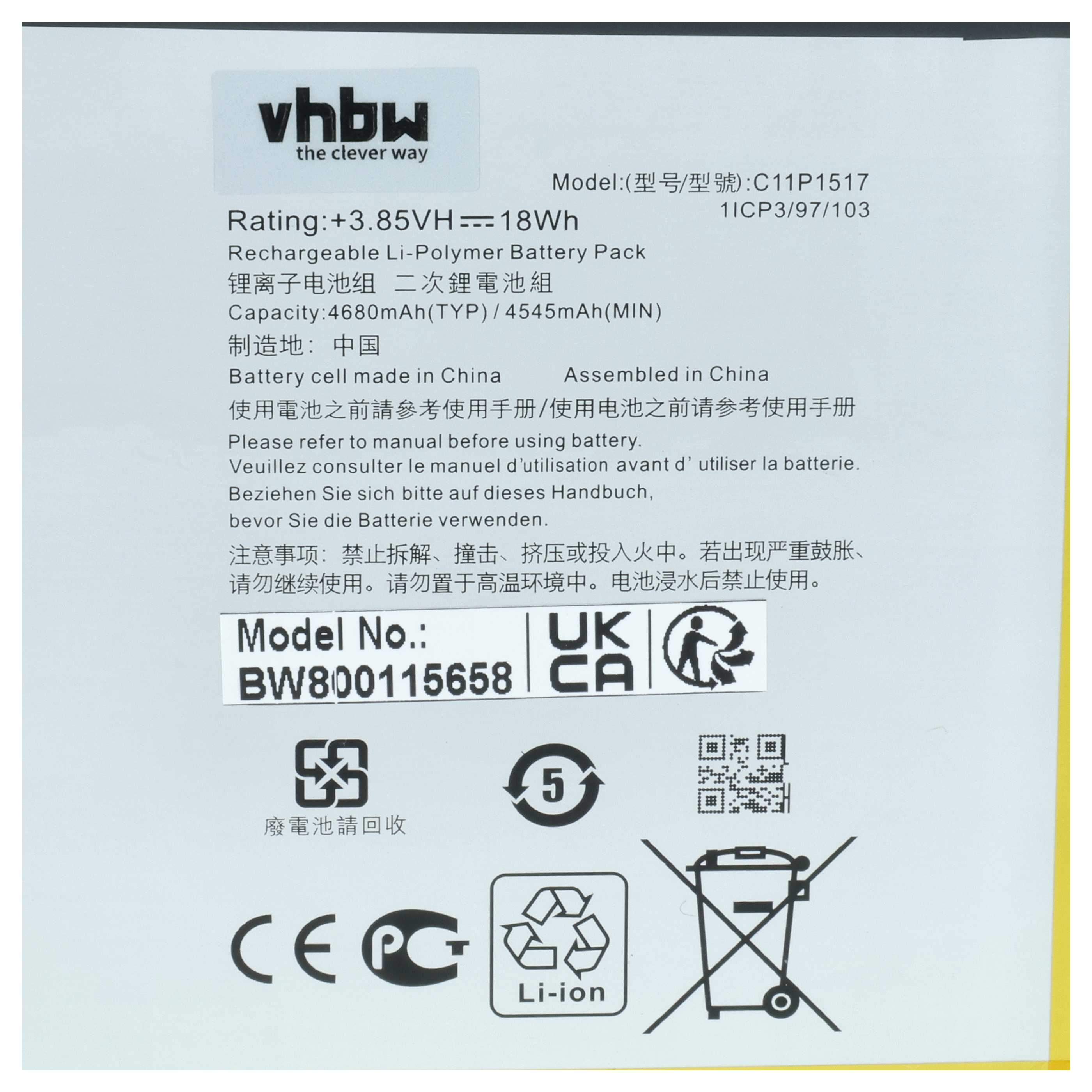 Batteria per tablet sostituisce Asus C11P1517, 0B200-01580200 - 4650mAh 3,85V Li-Poly