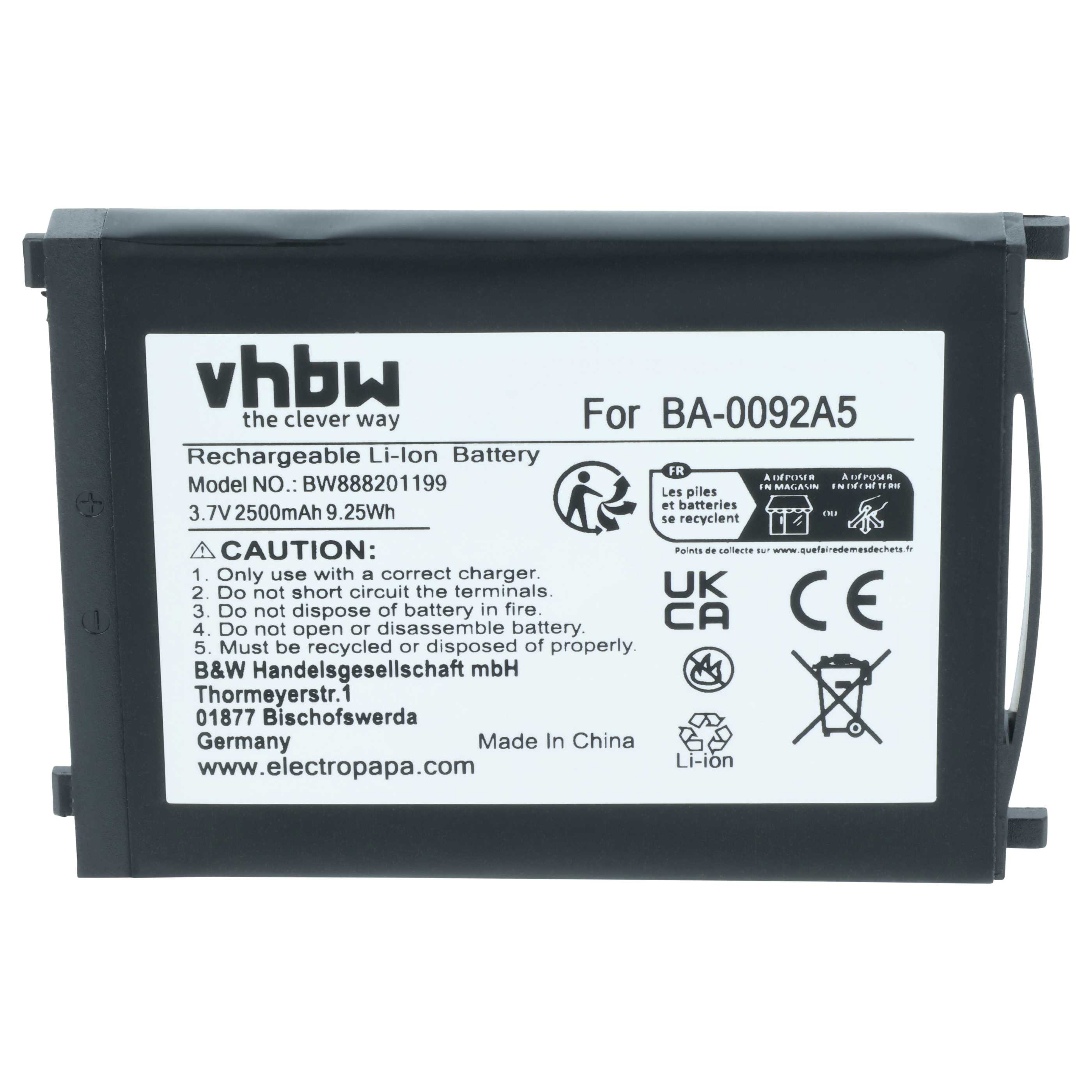 Akku als Ersatz für CipherLab BA-0092A5, BT-160LA für CipherLab Barcodescanner - 2500mAh 3,7V Li-Ion