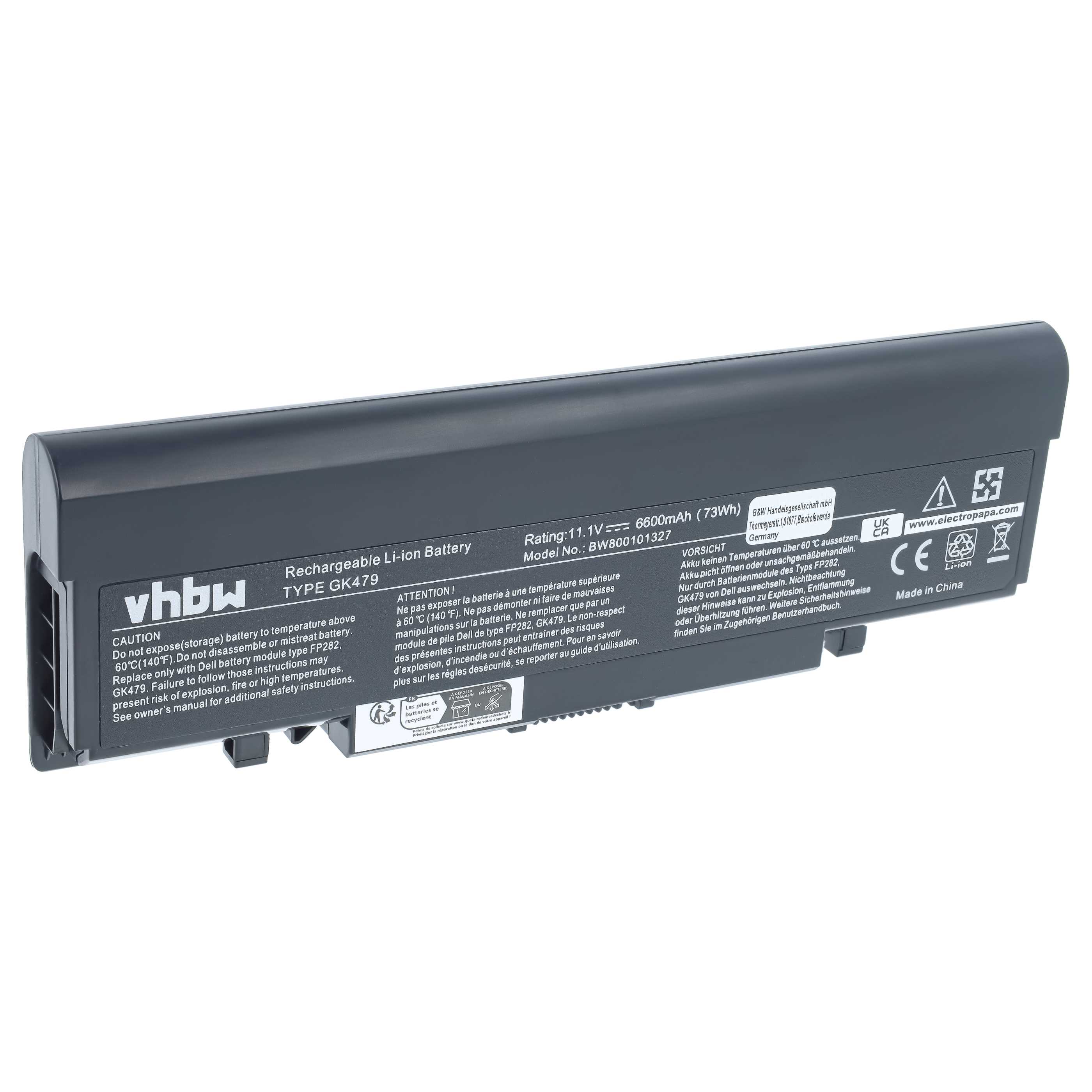 Batterie remplace Dell 312-0513, 312-0518, 312-0504 pour ordinateur portable Dell- 6600mAh 11,1V Li-ion, noir