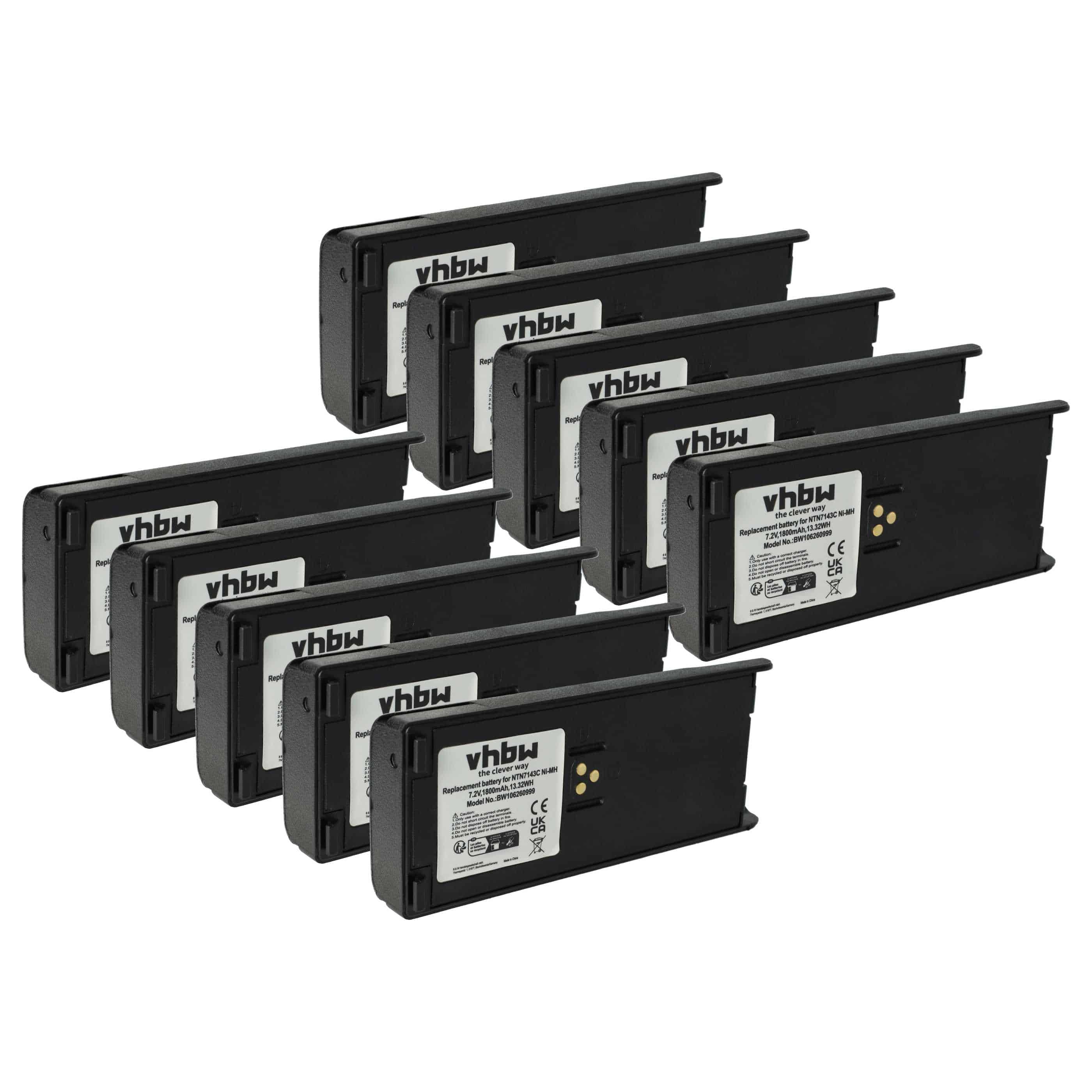 Radio 10x Battery replaces Motorola NTN7143B, NTN7143C, NTN7143A, NTN7143 - 1800 mAh 7.5 V NiMH + Belt Clip