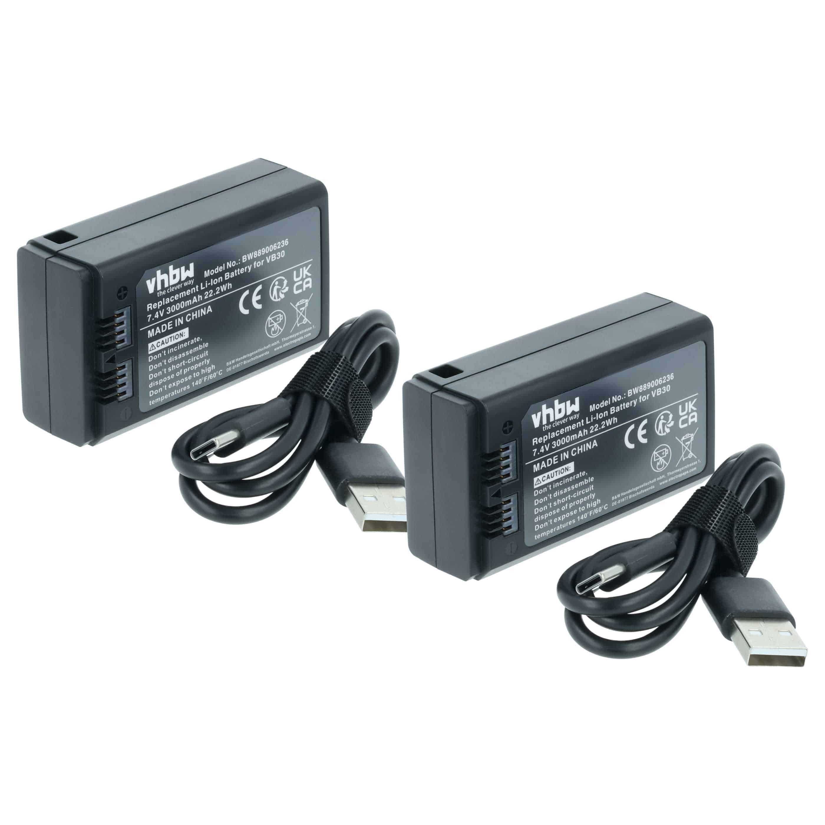 Camera Flash Unit 2x Battery replaces Godox VB30 - 3000 mAh 7.4 V Li-Ion