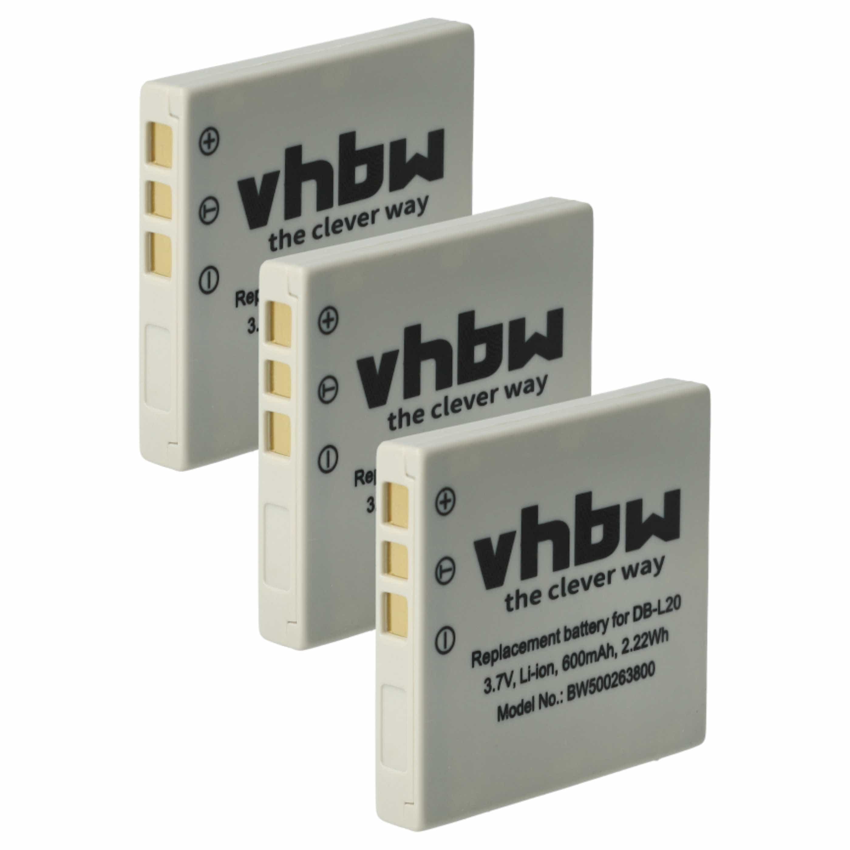 3x Battery replaces Sanyo DB-L20A, DB-L20, DB-L20AEX - 600mAh, 3.7V, Li-Ion