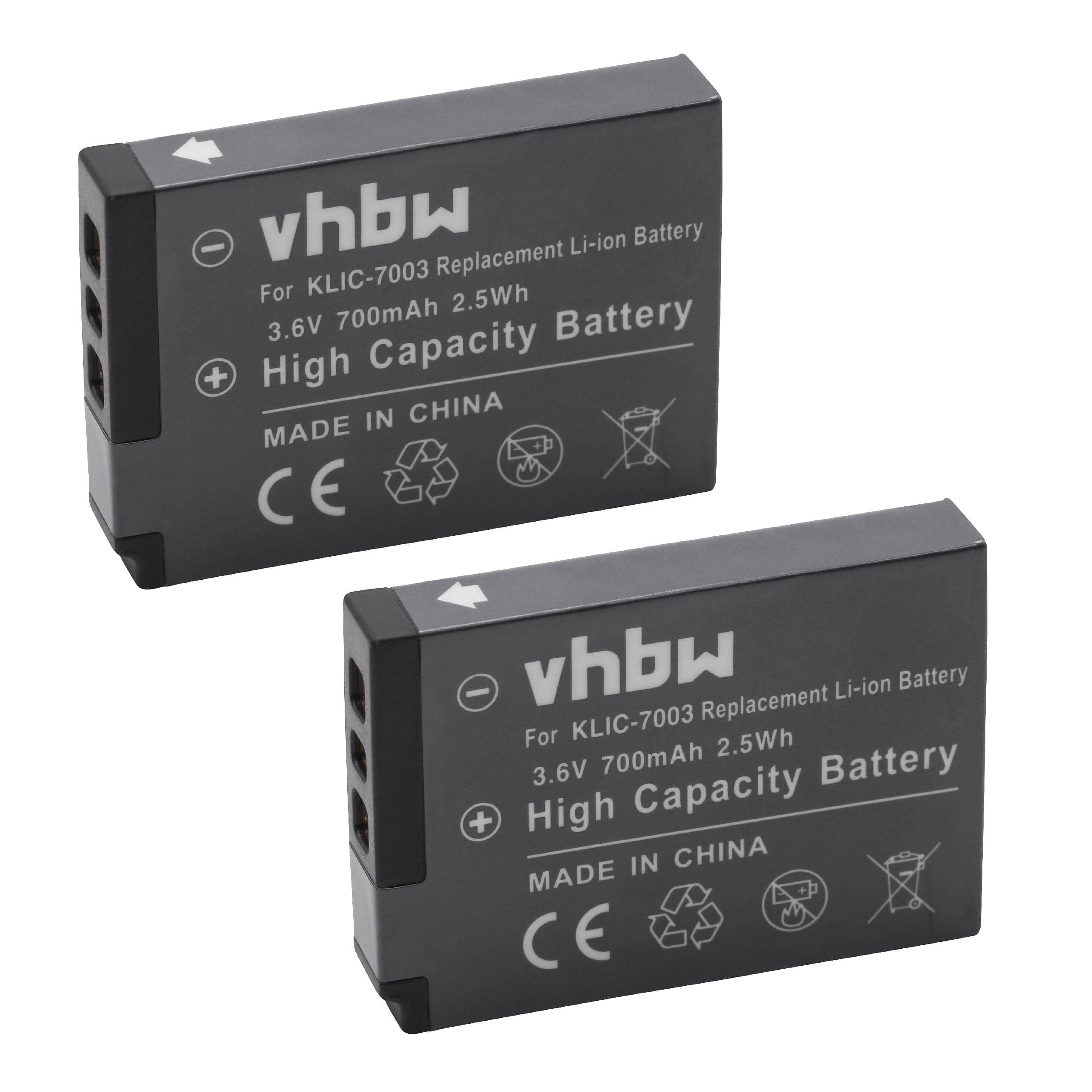 2x Battery replaces Kodak Klic-7003 - 700mAh, 3.6V, Li-Ion