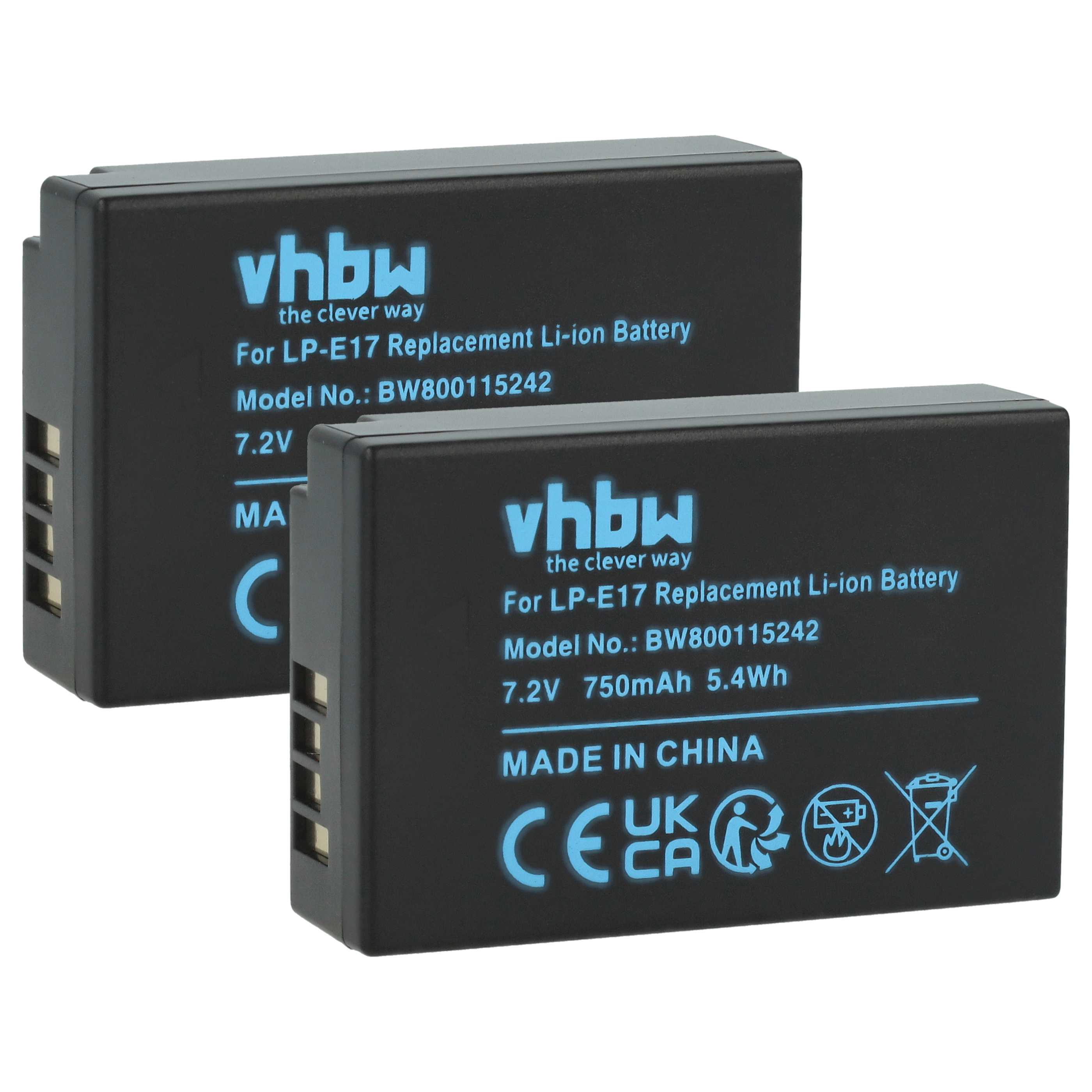 2x Battery replaces Canon LP-E17 - 750mAh, 7.2V, Li-Ion