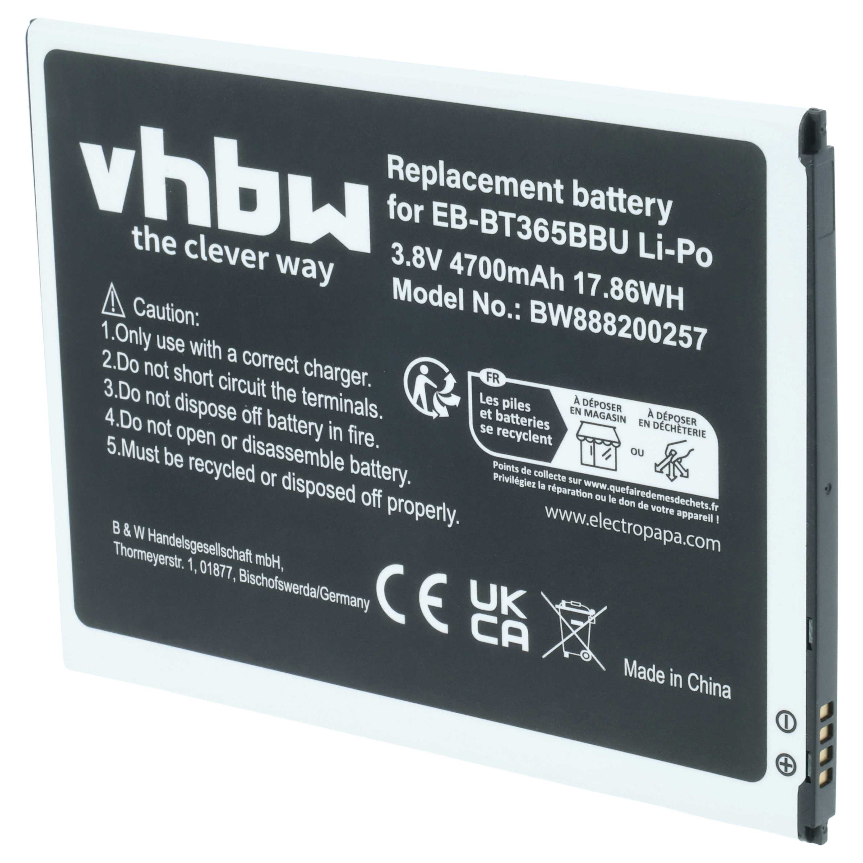 Akumulator zamiennik Samsung EB-BT365BBU, EB-BT365BBC, EB-BT365BBE, EB-BT365BBUBUS - 4700 mAh 3,8 V LiPo