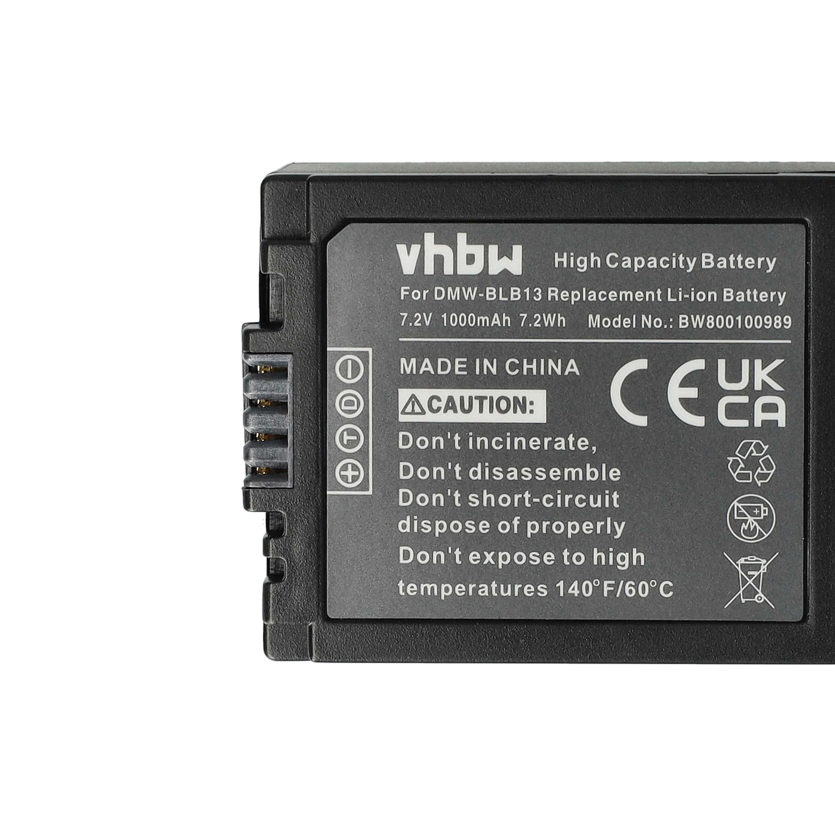 Battery replaces Panasonic DMW-BLB13E, DMW-BLB13 - 1000mAh, 7.2V, Li-Ion