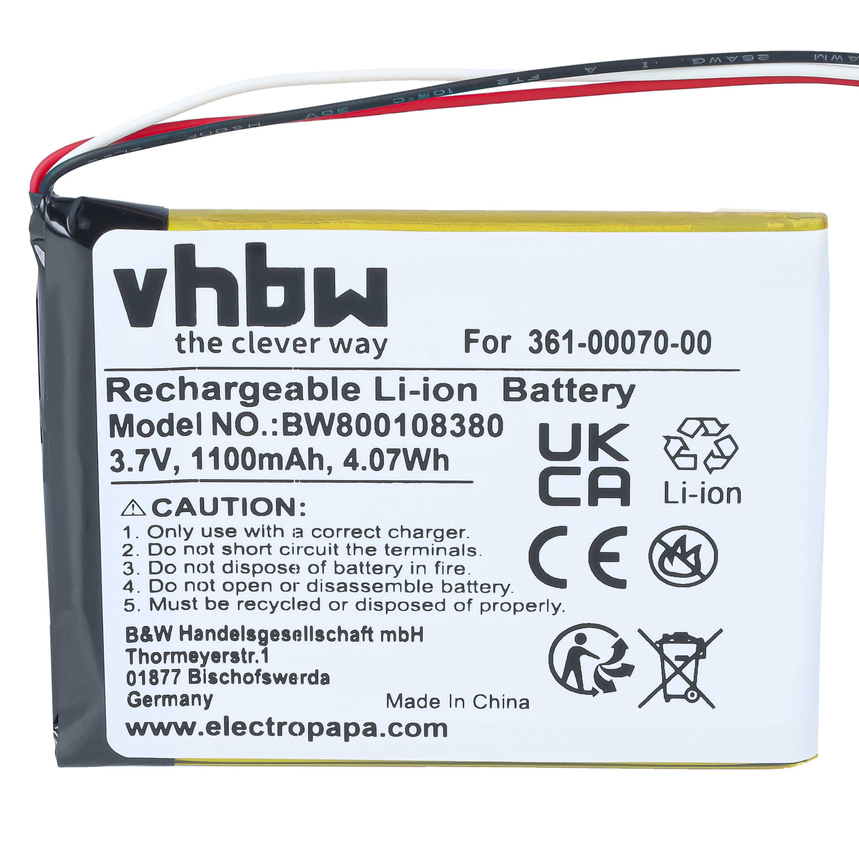 GPS Battery replaces Garmin 361-00070-01, 361-00070-00 - 1100mAh, 3.7V