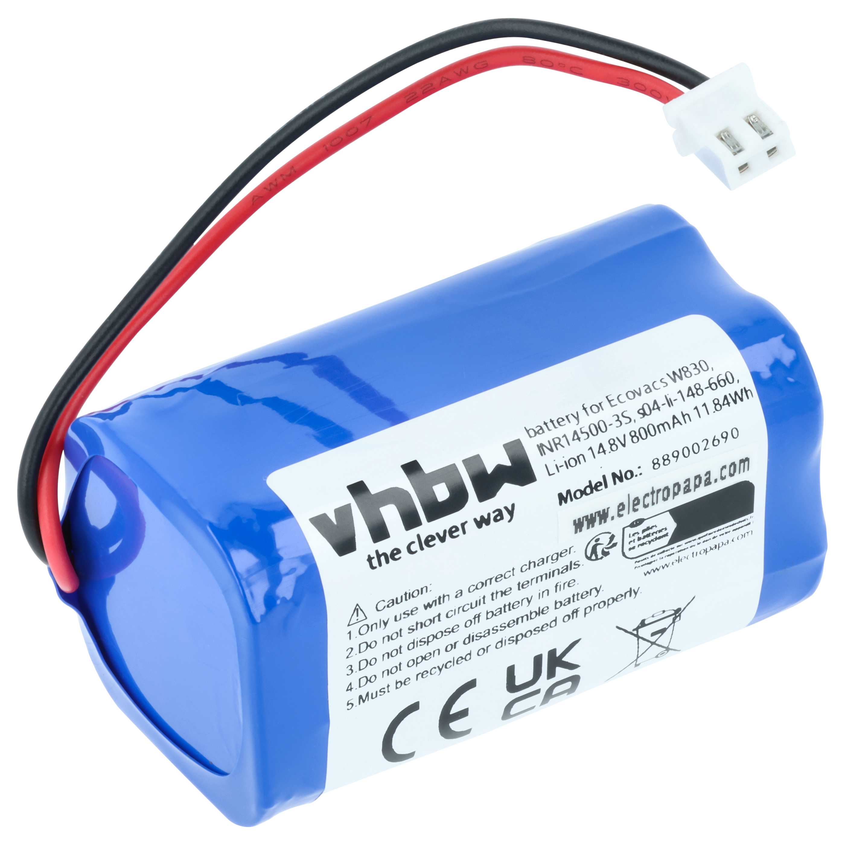 Battery replaces Ecovacs s04-li-148-660, 10001029, 10000605 for Ecovacs 800mAh, 14.8V, Li-Ion