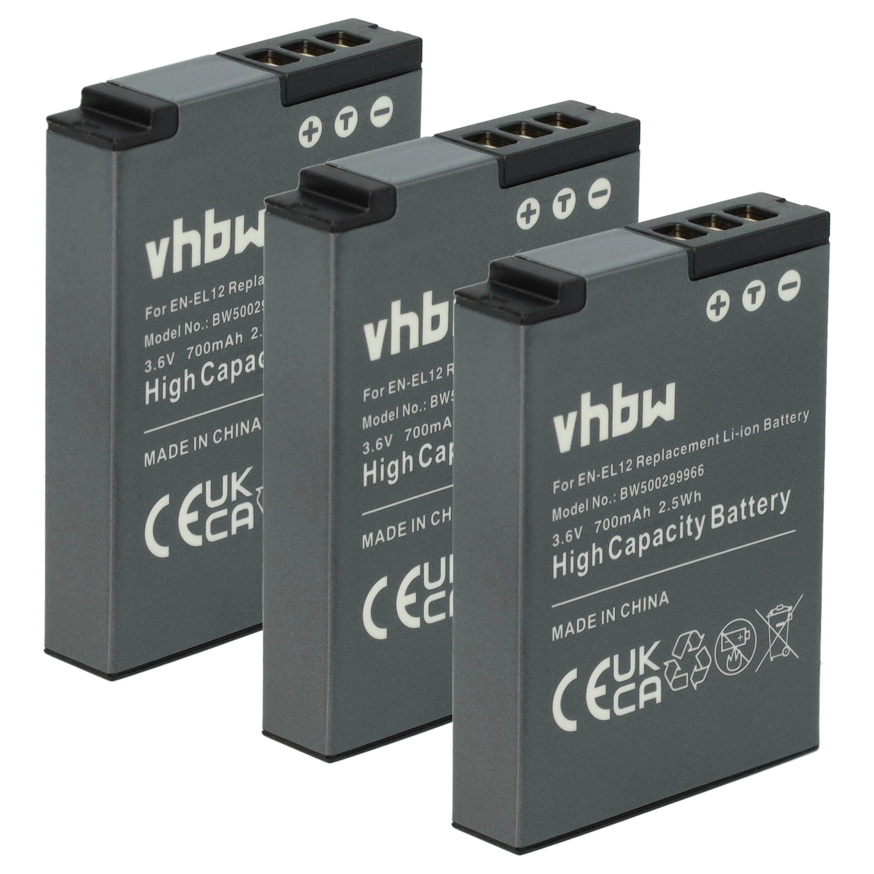 3x Battery replaces Nikon EN-EL12 - 700mAh, 3.6V, Li-Ion