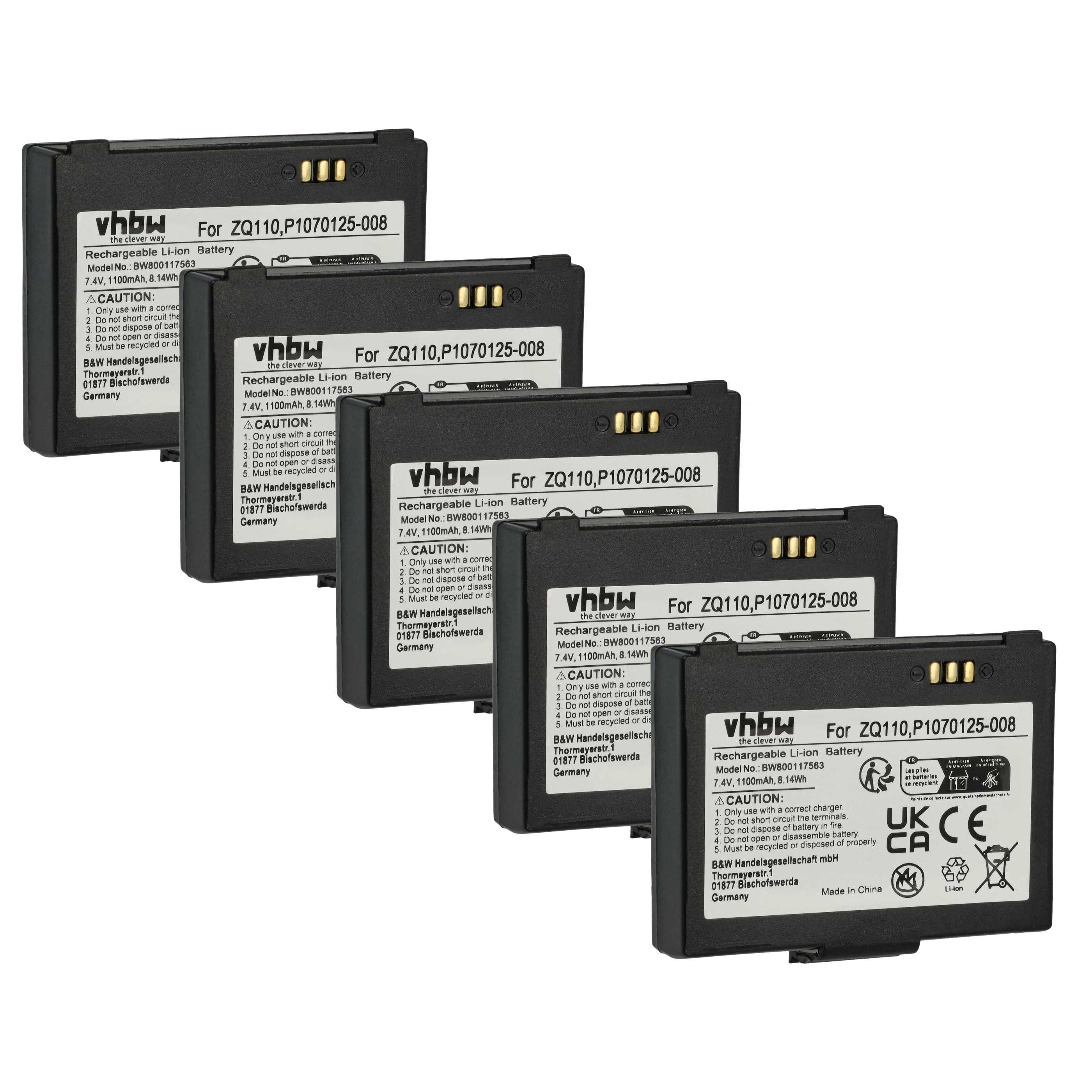 5x Akumulator do czytnika kodów kreskowych zamiennik Bixolon K409-00007A, PBP-R200 - 1100 mAh 7,4 V Li-Ion