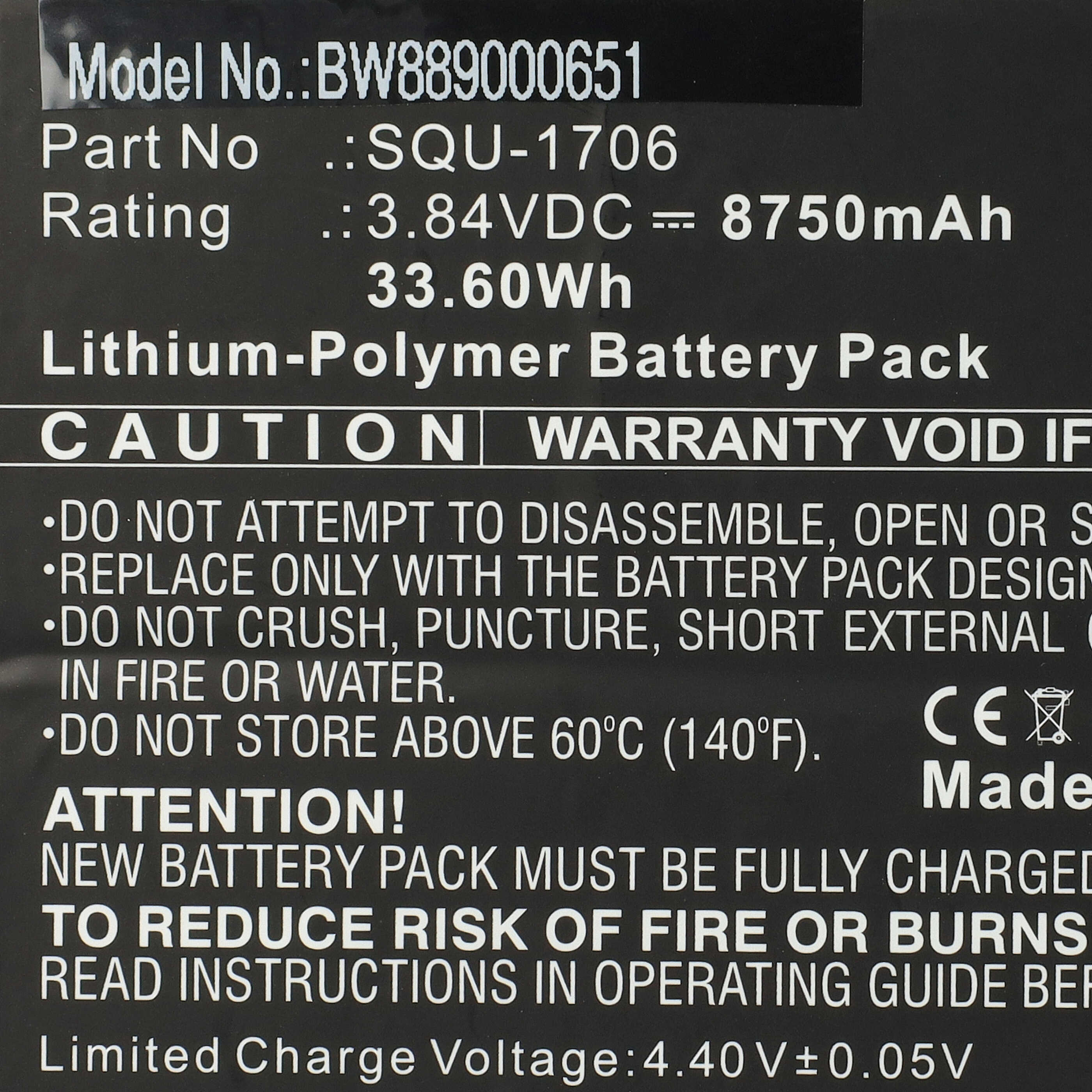 Batería reemplaza Acer SQU-1706, KT.00201.004 para tablet, Pad Acer - 8750 mAh 3,84 V Li-poli