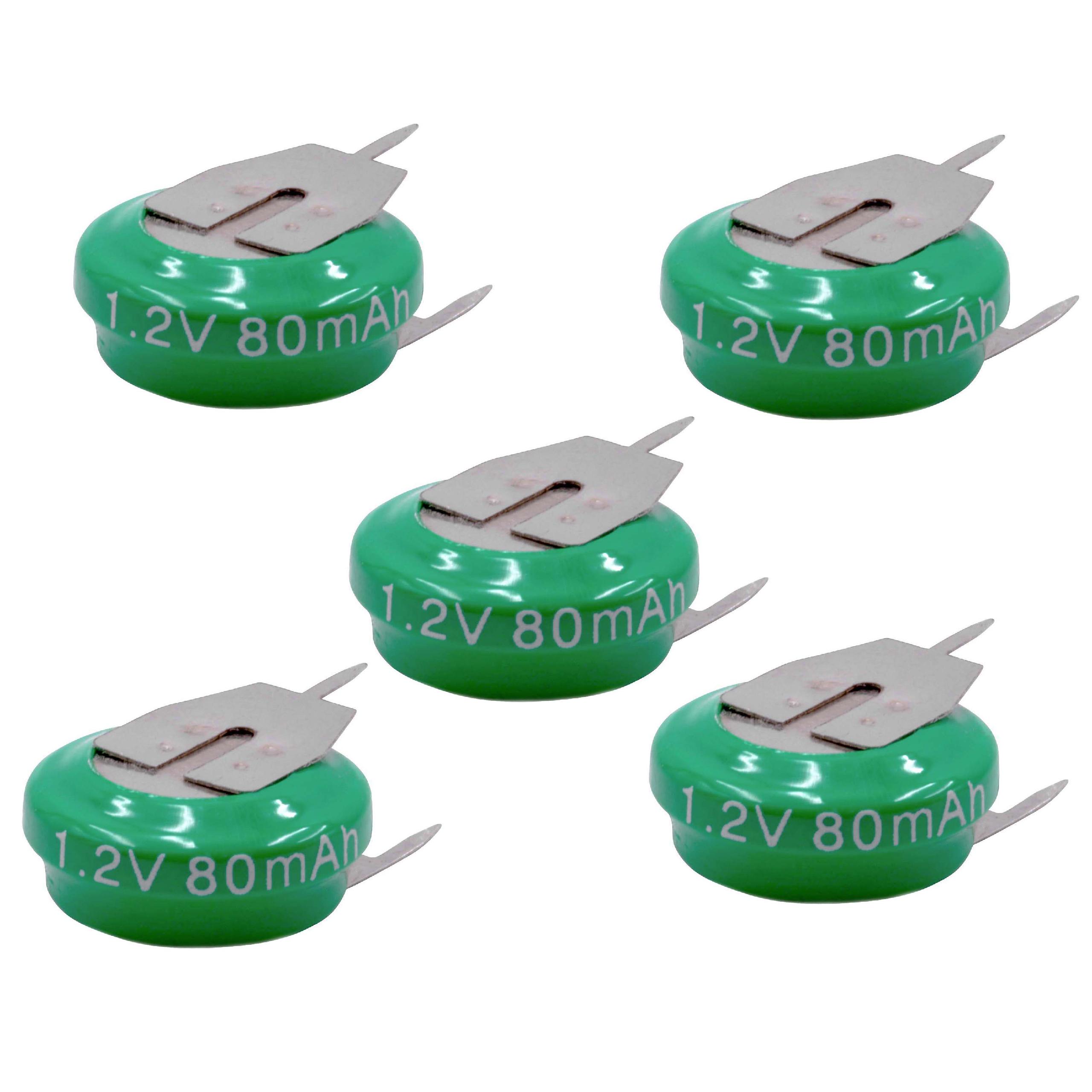 5x Knopfzellen-Akku (1x Zelle) Typ V80H 3 Pins für Modellbau-Akkus Solar-Leuchten uvm. - 80mAh 1,2V NiMH