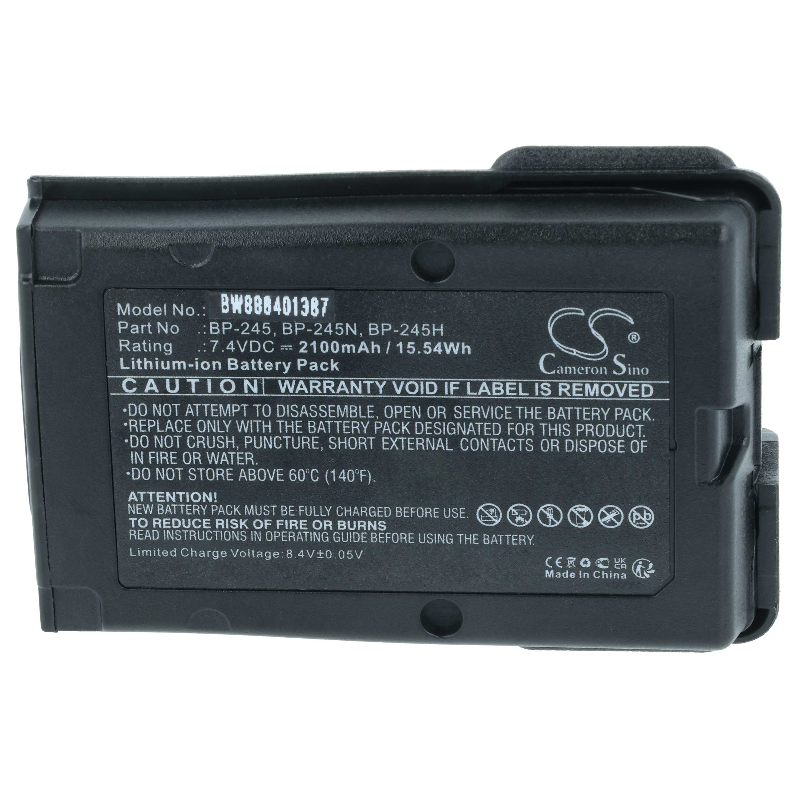 Radio Battery replaces Icom BP-245H, BP-245N, BP-245 - 2100 mAh 7.4 V Li-Ion + Belt Clip