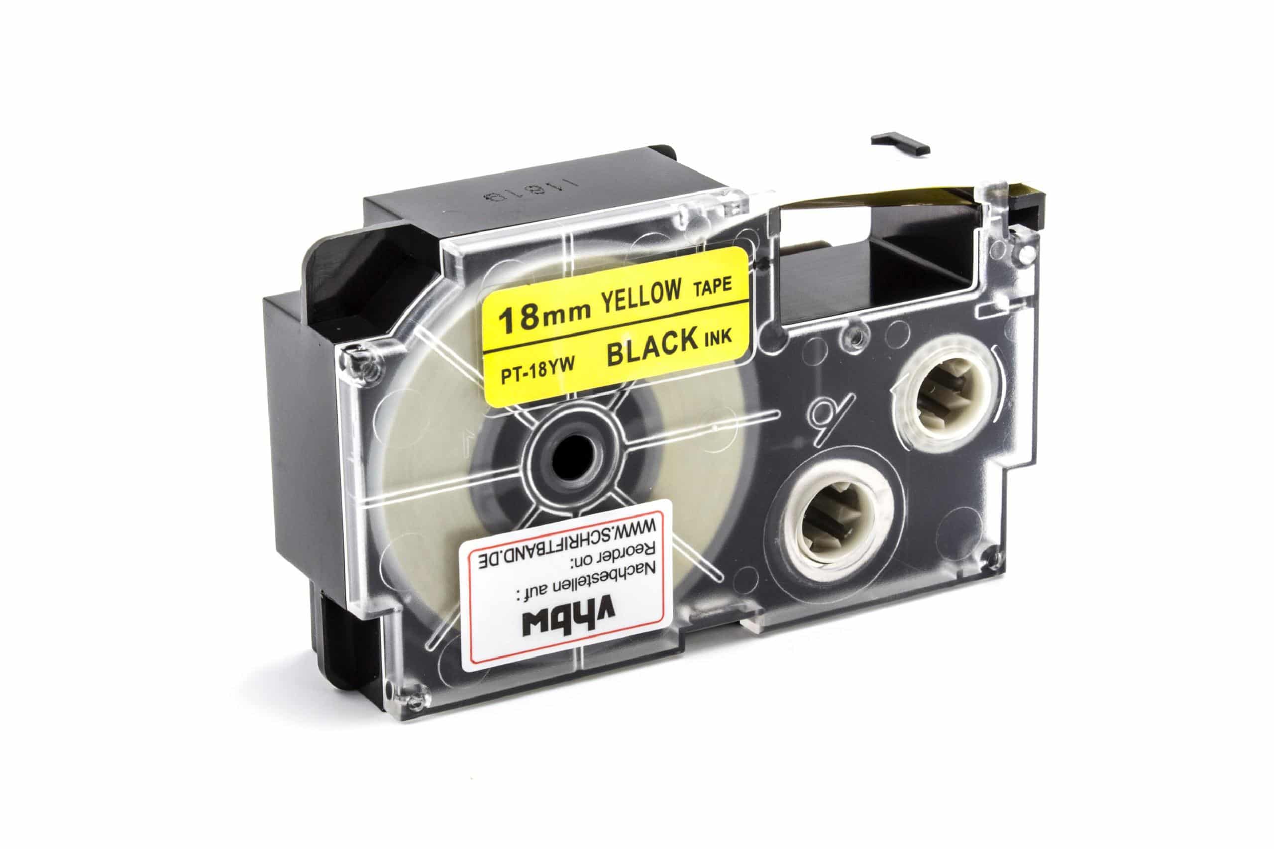 Cassetta nastro sostituisce Casio XR-18YW1, XR-18YW per etichettatrice Casio 18mm nero su giallo, pet+ RESIN