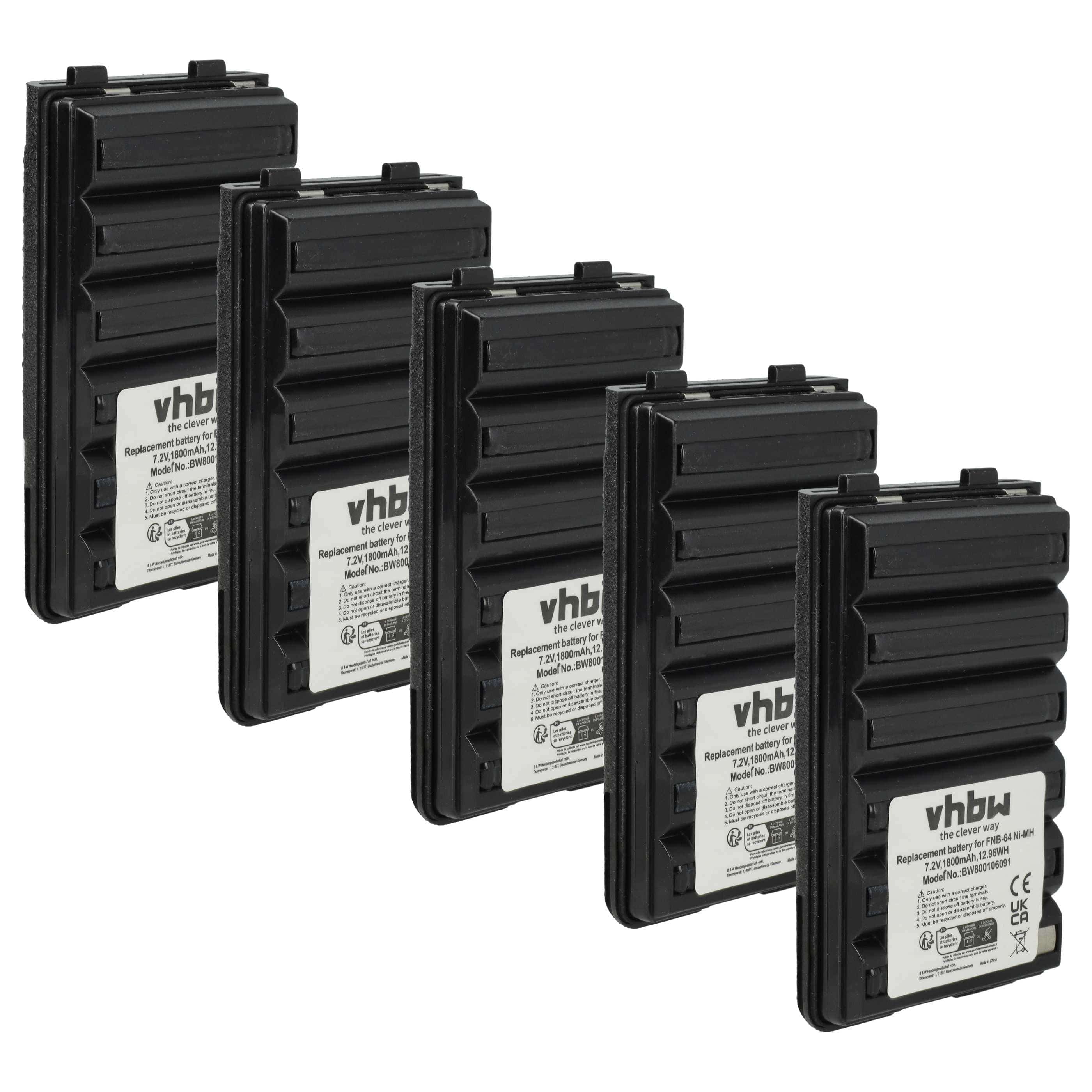 Radio 5x Battery replaces Yaesu Vertex FNB-64H, FNB-57, FNB-64, FNB-83, AAJ66X001 - 1800 mAh 7.2 V NiMH