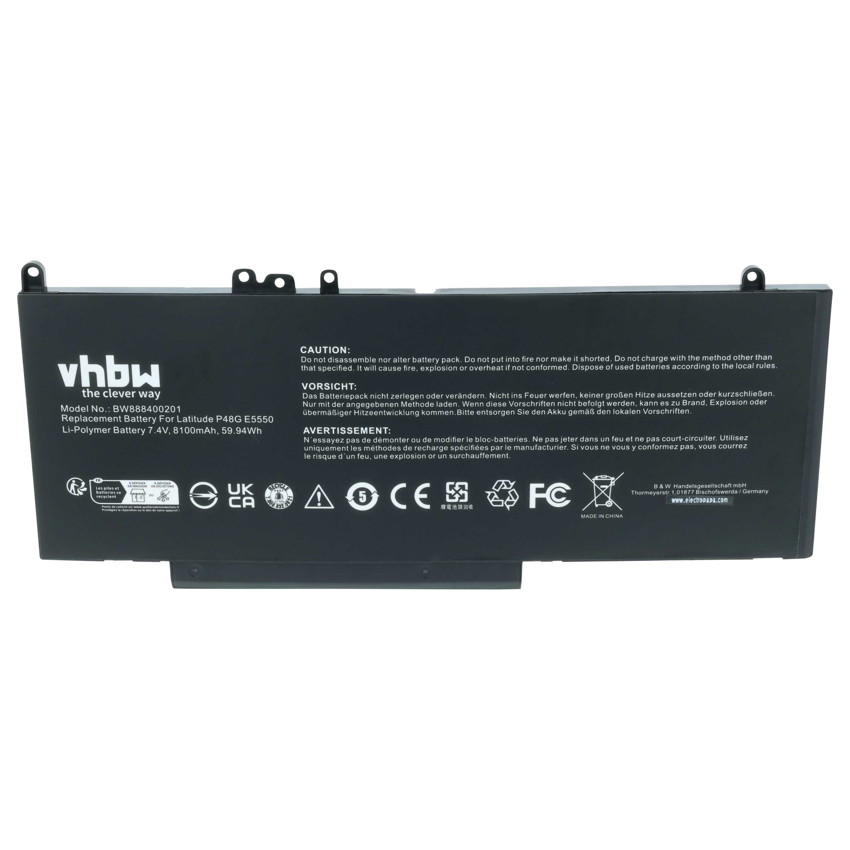 Batteria sostituisce Dell 079VRK, 0G5M10, 1KY05, 0WYJC2, 451-BBLL per notebook - 8100mAh 7,6V Li-Poly