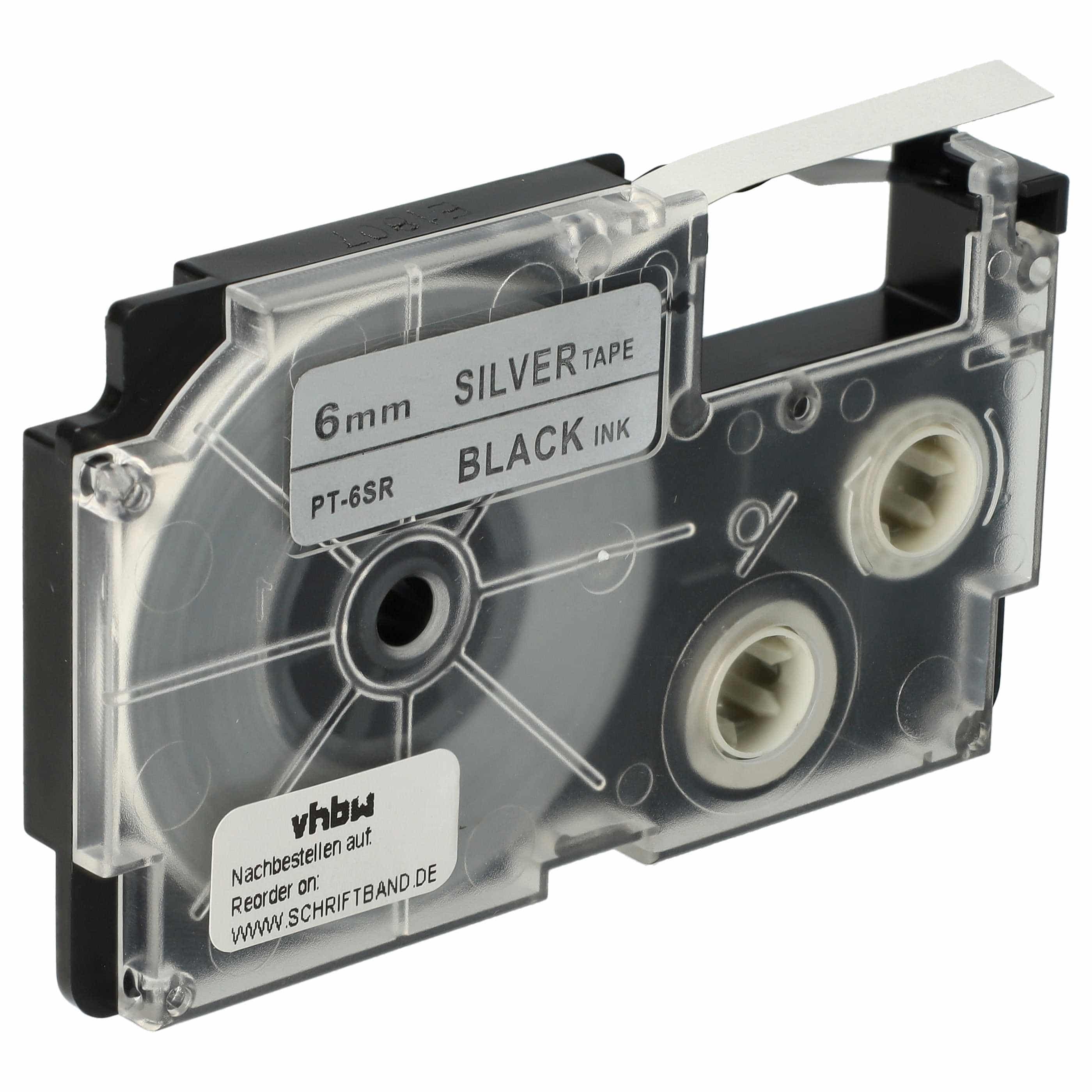 Label Tape replaces Casio XR-6SR1, XR-6SR - 6 mm Black to Silver