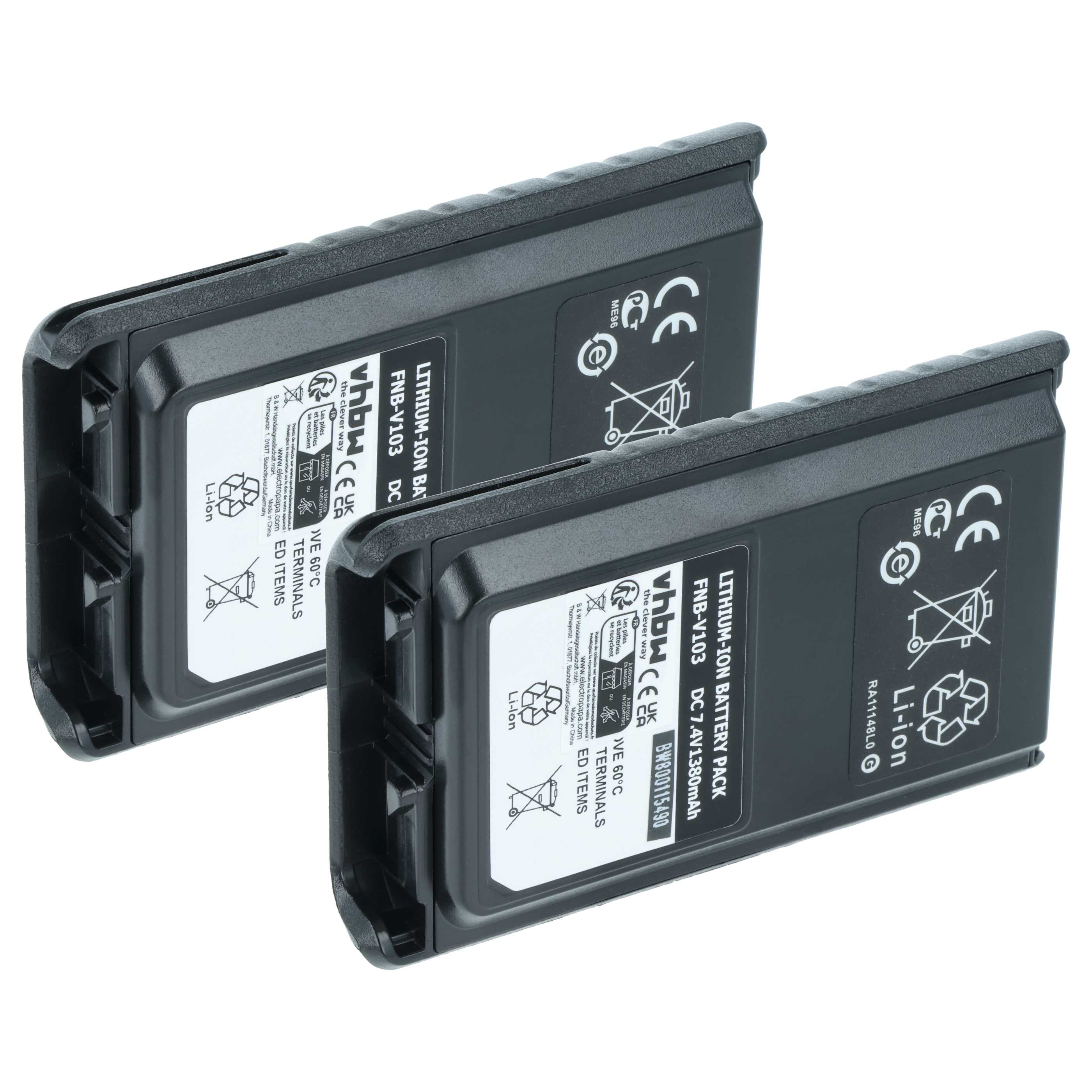 Radio 2x Battery replaces Yaesu Vertex FNB-V103, FNB-V104, FNB-V103LI, FNB-V104LI - 1380 mAh 7.4 V Li-Ion