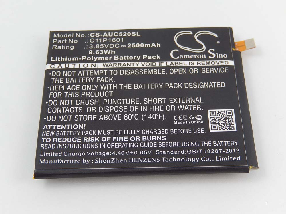 Batterie remplace Asus C11P1601, 0B200-02160000 pour téléphone portable - 2500mAh, 3,85V, Li-polymère