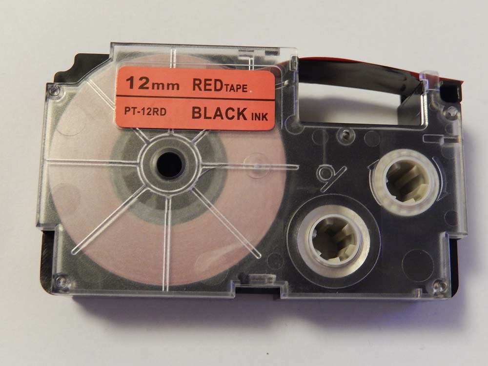 Taśma do etykiet zam. Casio XR-12RD1, XR-12RD - 12mm, napis czarny / taśma czerwona