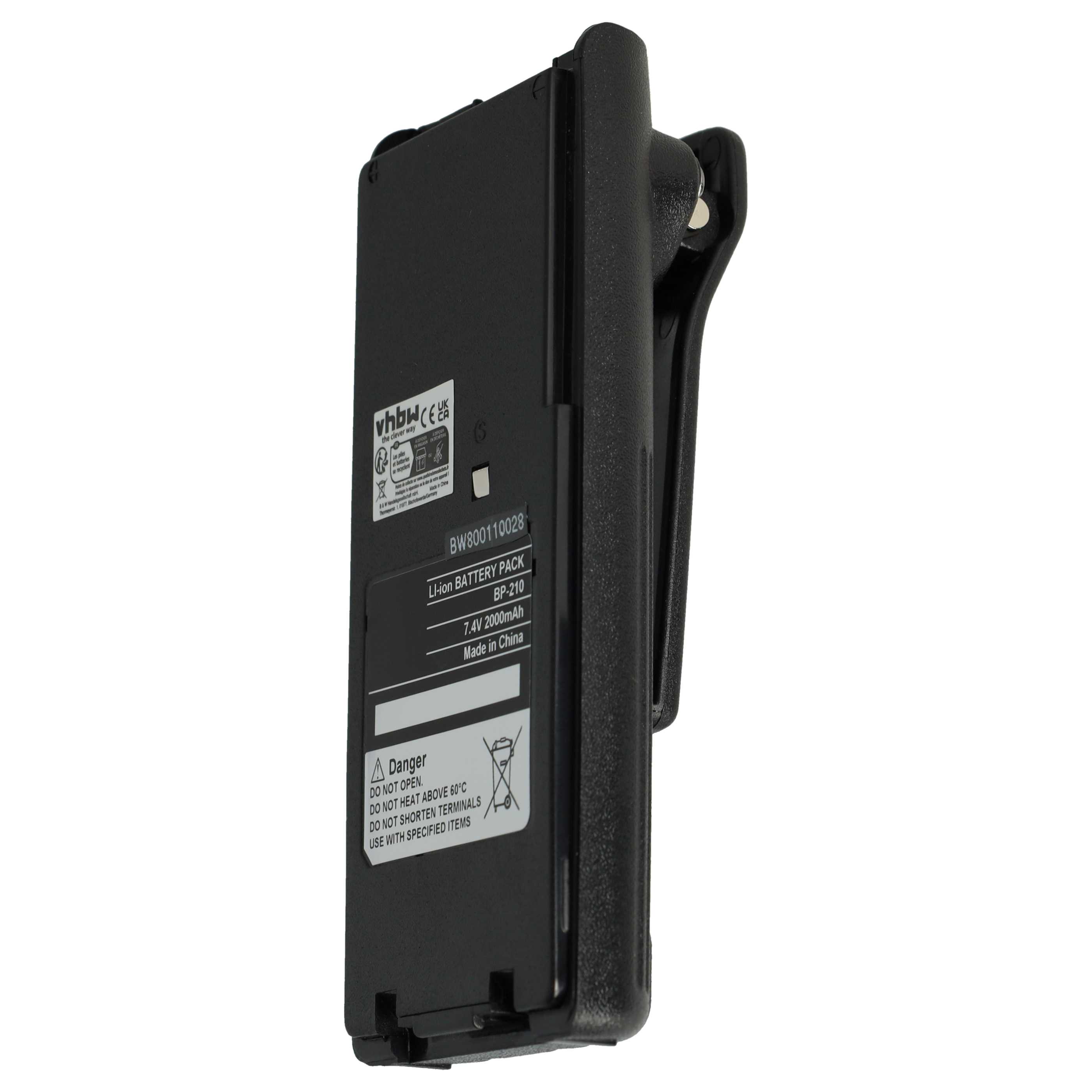 Radio Battery replaces Icom BP-211, BP-210N, BP-210, BP-209N, BP-209 - 2000 mAh 7.4 V Li-Ion + Belt Clip