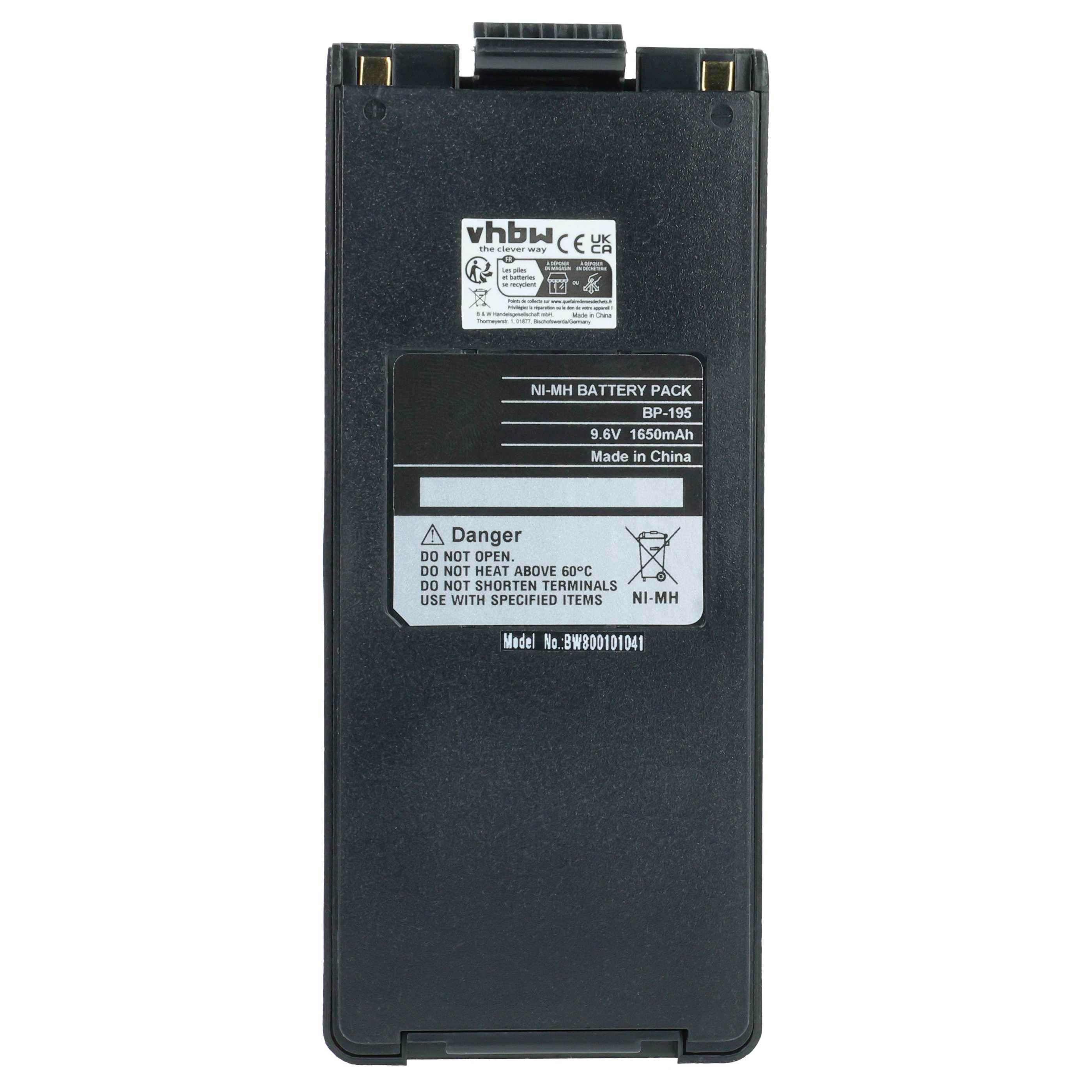 Radio 2x Battery replaces Icom BP-195, BP-196H, BP-196, BP-196R - 1650 mAh 9.6 V NiMH + Belt Clip